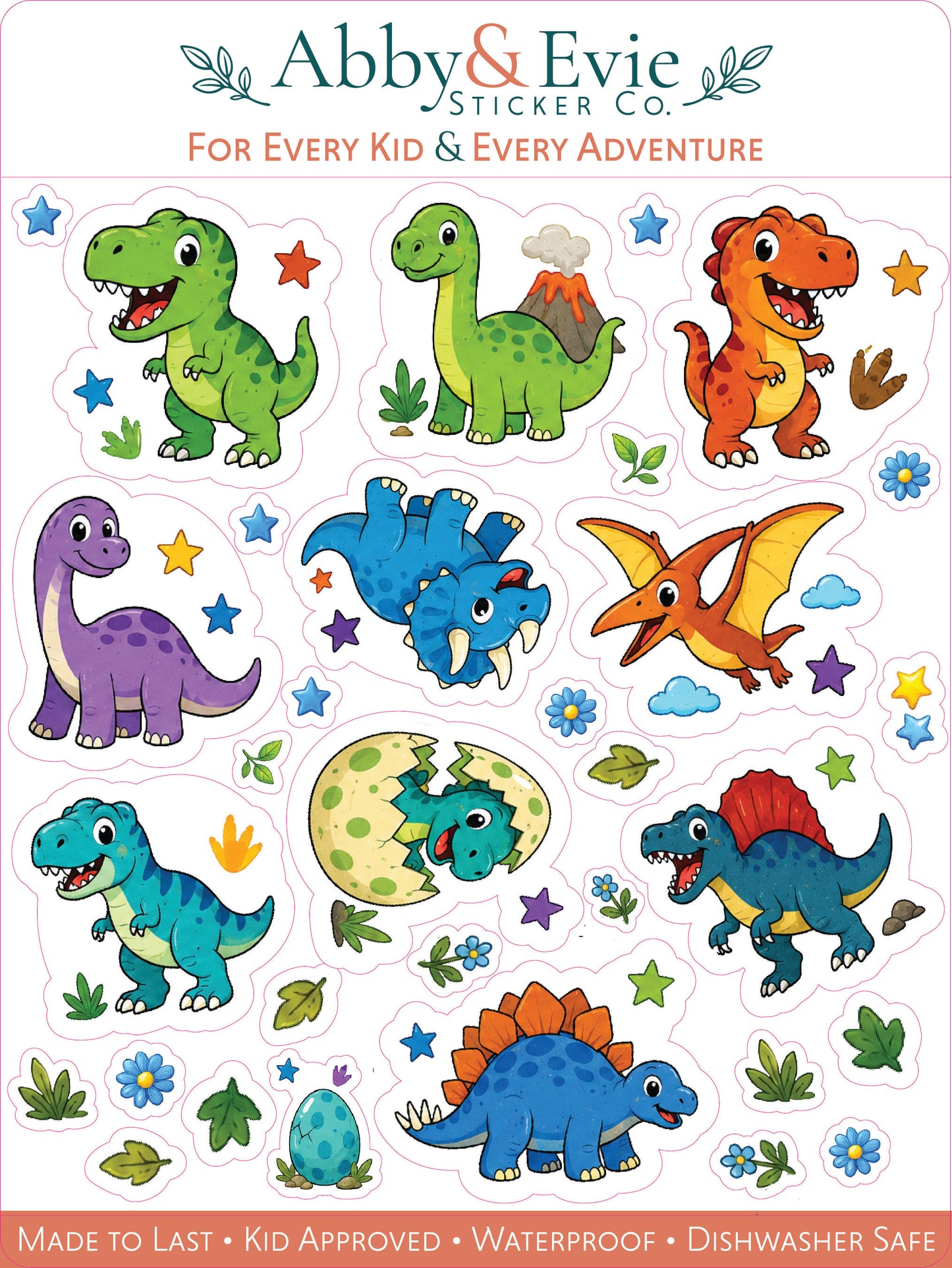 A sheet of colorful cartoon dinosaur stickers for kids by Abby & Evie Sticker Co., featuring multiple dinosaur characters, stars, leaves, flowers, and clouds on a white background with product branding at the top and a feature banner at the bottom.