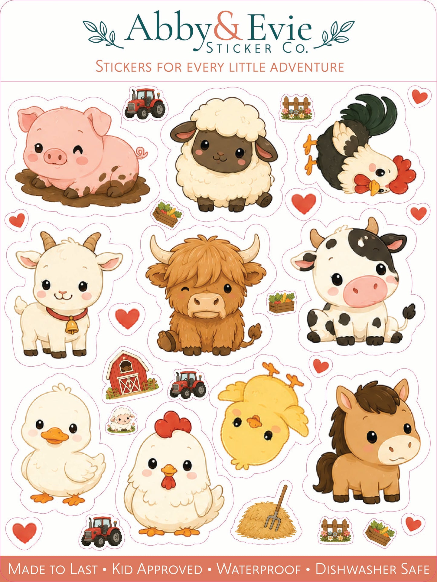 A sheet of cartoon farm animal stickers from Abby & Evie Sticker Co. featuring a pig, sheep, chicken, cow, goat, buffalo, horse, duck, chick, tractor, barn, and hearts on a white background with product text at the top and bottom.