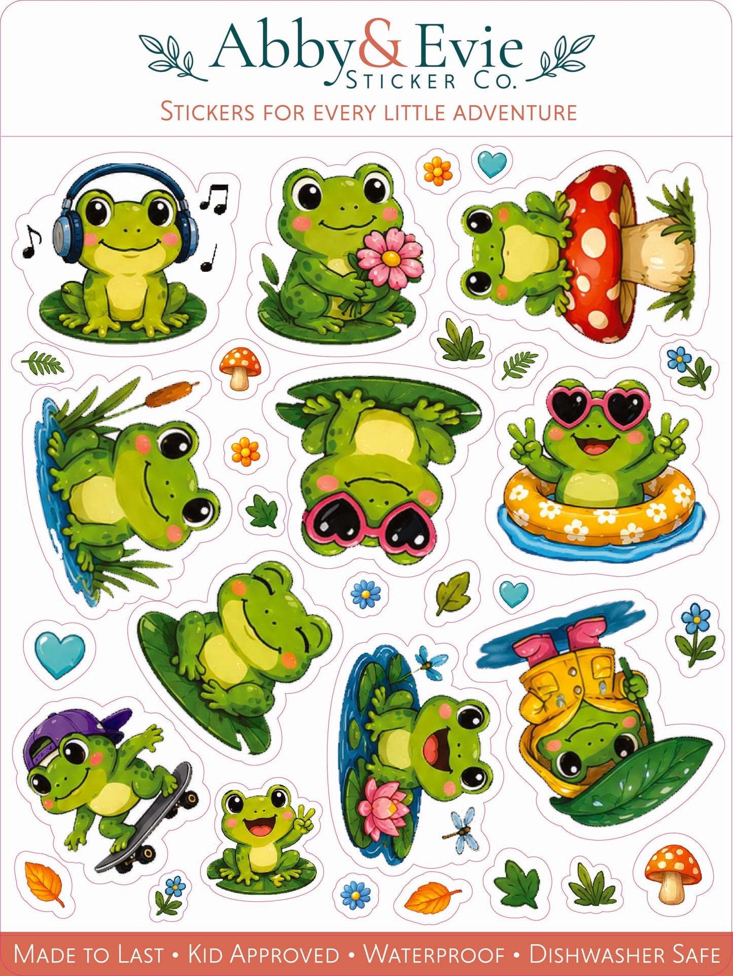 Personalized Frog Name Labels for Kids, Waterproof School & Daycare Stickers, Matching Frog Sticker Sheet, Optional Iron-On Clothing Labels