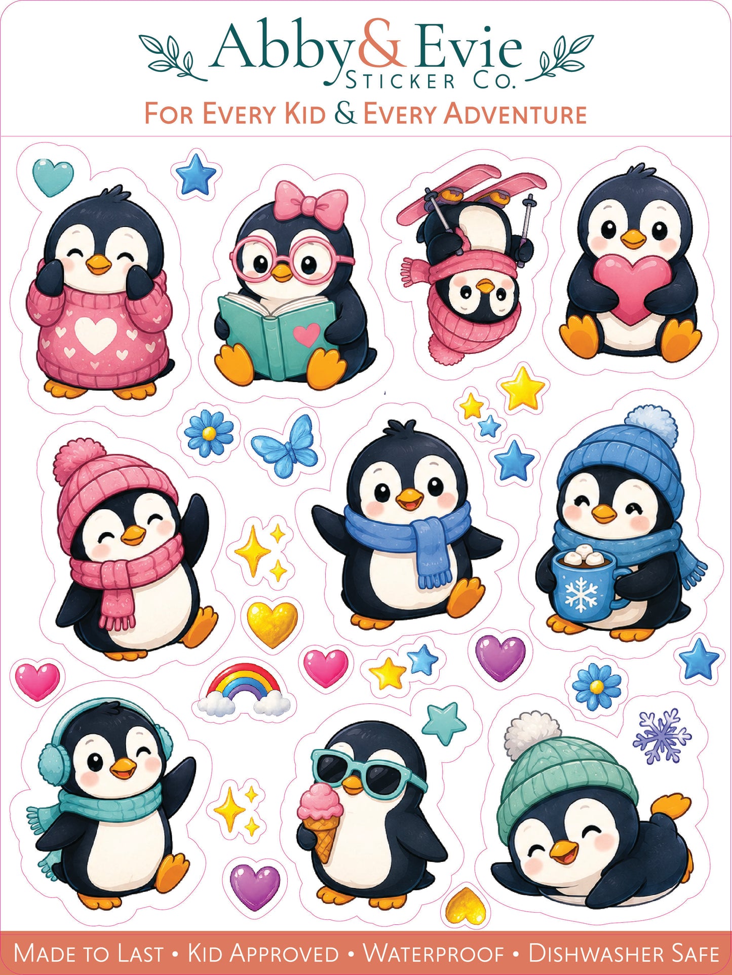 A sheet of cartoon penguin stickers with various winter outfits and accessories, including pink and blue scarves, beanies, sunglasses, and a rainbow, branded by Abby & Evie Sticker Co.