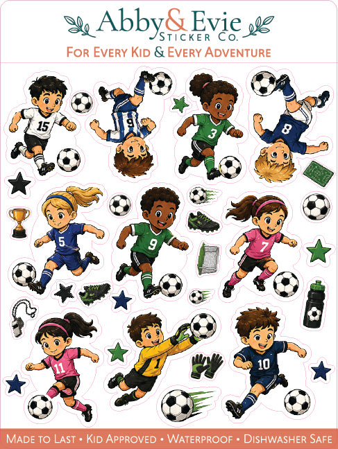 A sheet of Abby & Evie Sticker Co. soccer-themed stickers for kids, featuring cartoon children in various sports jerseys playing with soccer balls, stars, cleats, and a water bottle, with text at the top and bottom.
