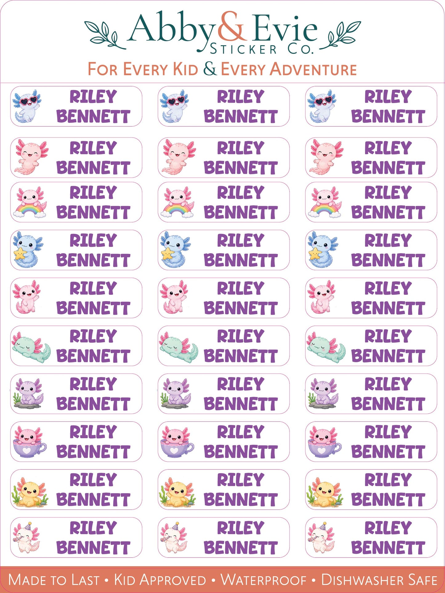 A sheet of personalized sticker labels from Abby & Evie Sticker Co. featuring the name 'Riley Bennett' in purple text above cute cartoon animal illustrations, with a header banner reading 'For Every Kid & Every Adventure' and a bottom badge saying 'Made to Last • Kid Approved • Waterproof • Dishwasher Safe'.