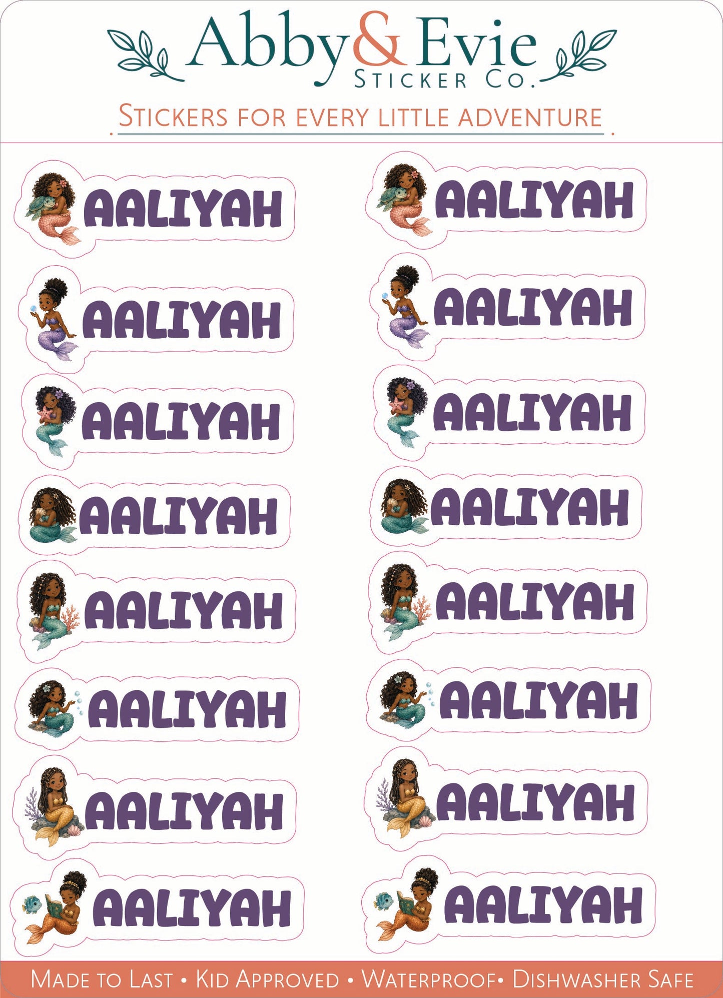 A sheet of personalized name stickers featuring the name 'Aaliyah' in bold purple text with a cartoon illustration of a Black woman in a purple dress on each sticker. The sheet is branded with 'Abby & Evie Sticker Co.