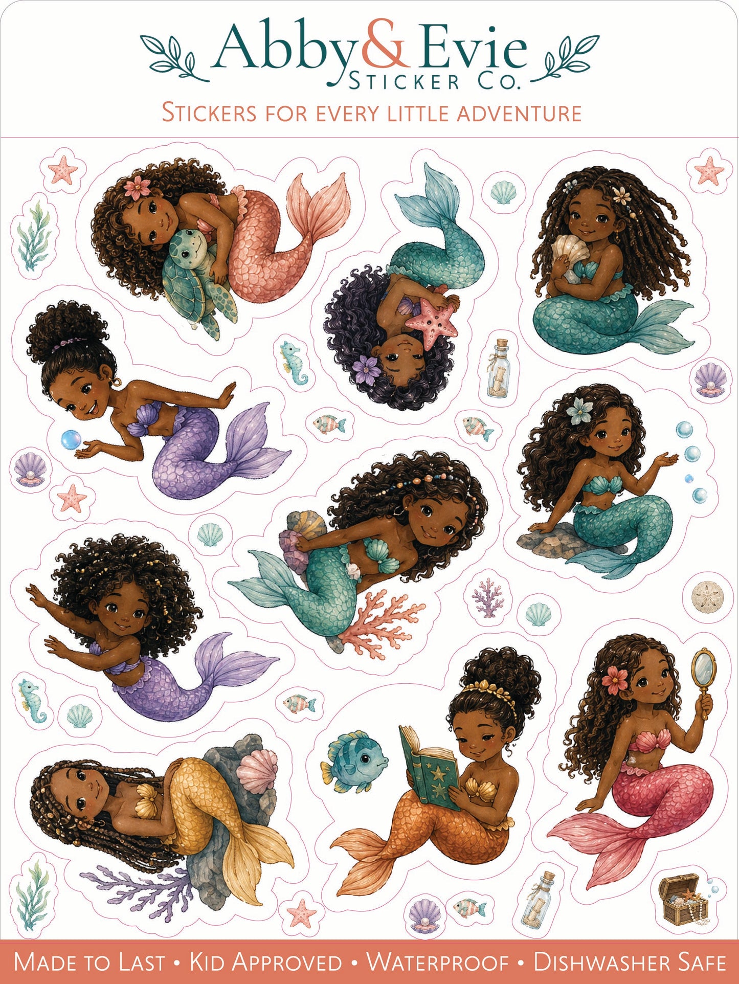 A sheet of Abby & Evie Sticker Co. mermaid stickers featuring illustrated Black women with long curly hair as mermaids in various colorful tails, surrounded by sea-themed icons on a white background.