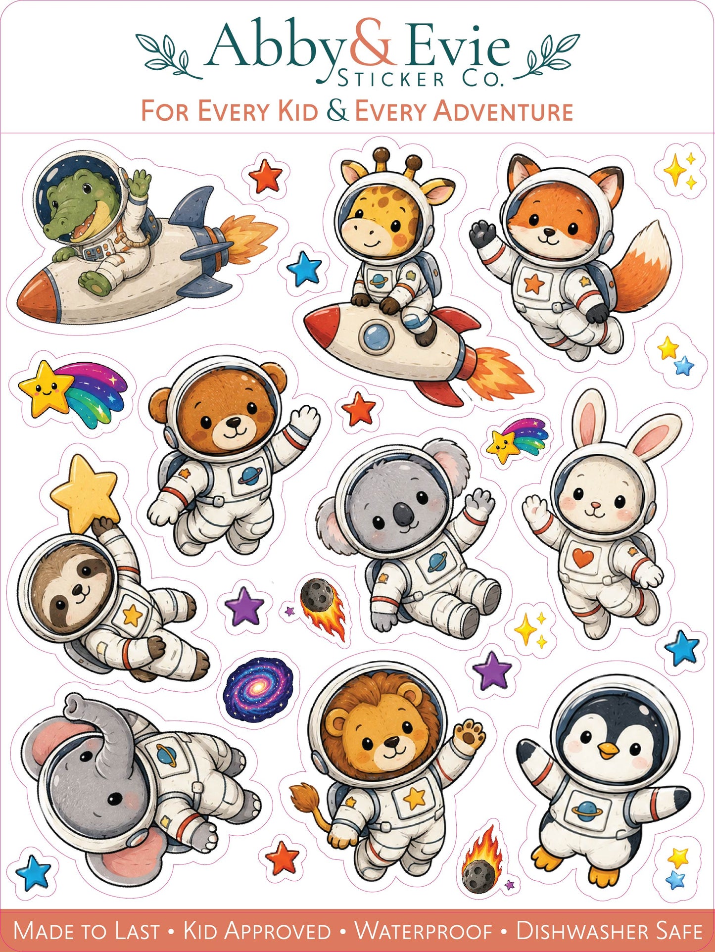 A sheet of whimsical astronaut animal stickers from Abby & Evie Sticker Co., featuring cute cartoon bears, fox, rabbit, koala, sloth, penguin, giraffe, and frog astronauts floating with rockets, stars, and planets on a white background.