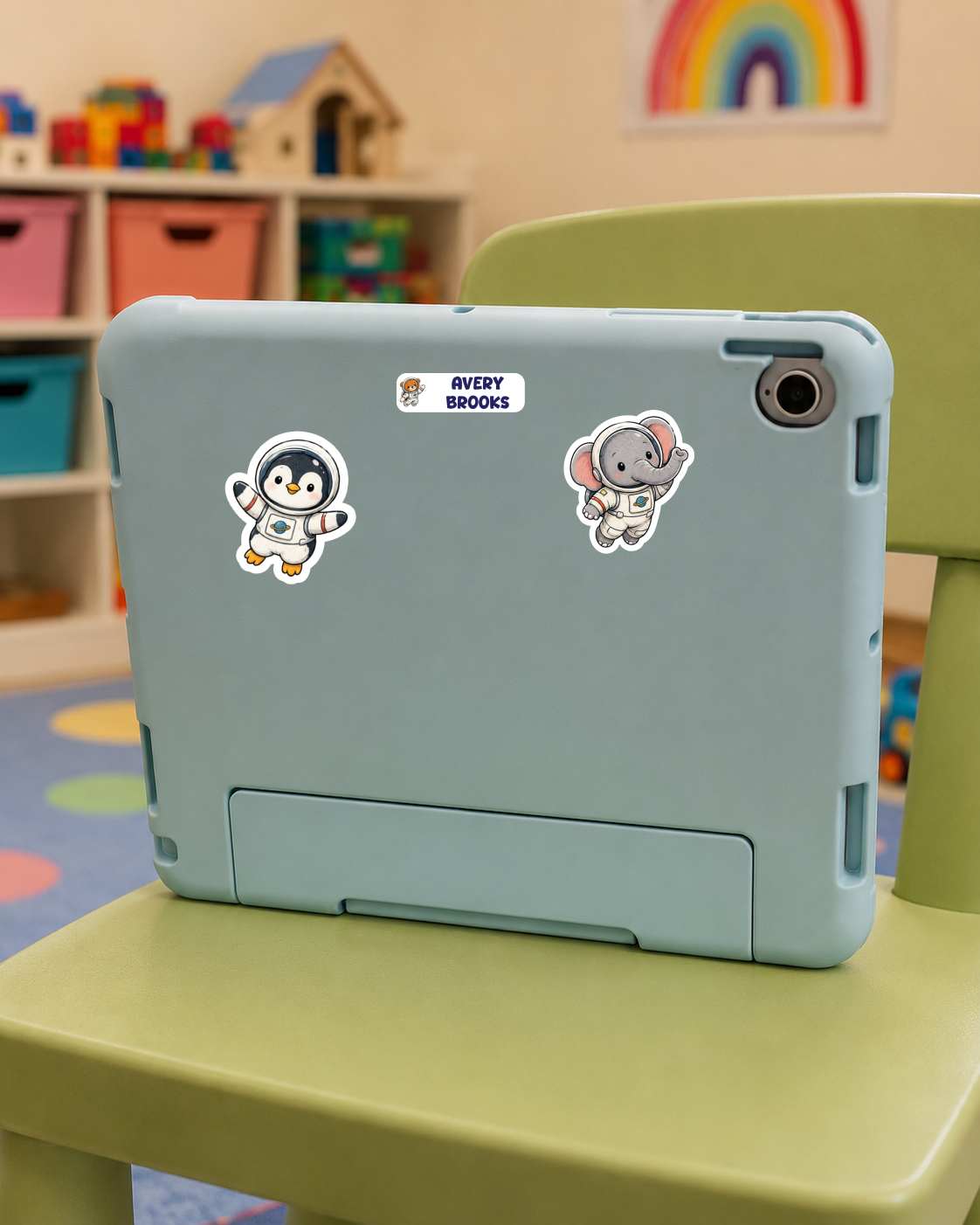 A light blue protective tablet case with two cartoon stickers (a penguin and an elephant) and a 'EVERY BOOKS' logo, shown resting on a green children's chair in a colorful playroom.