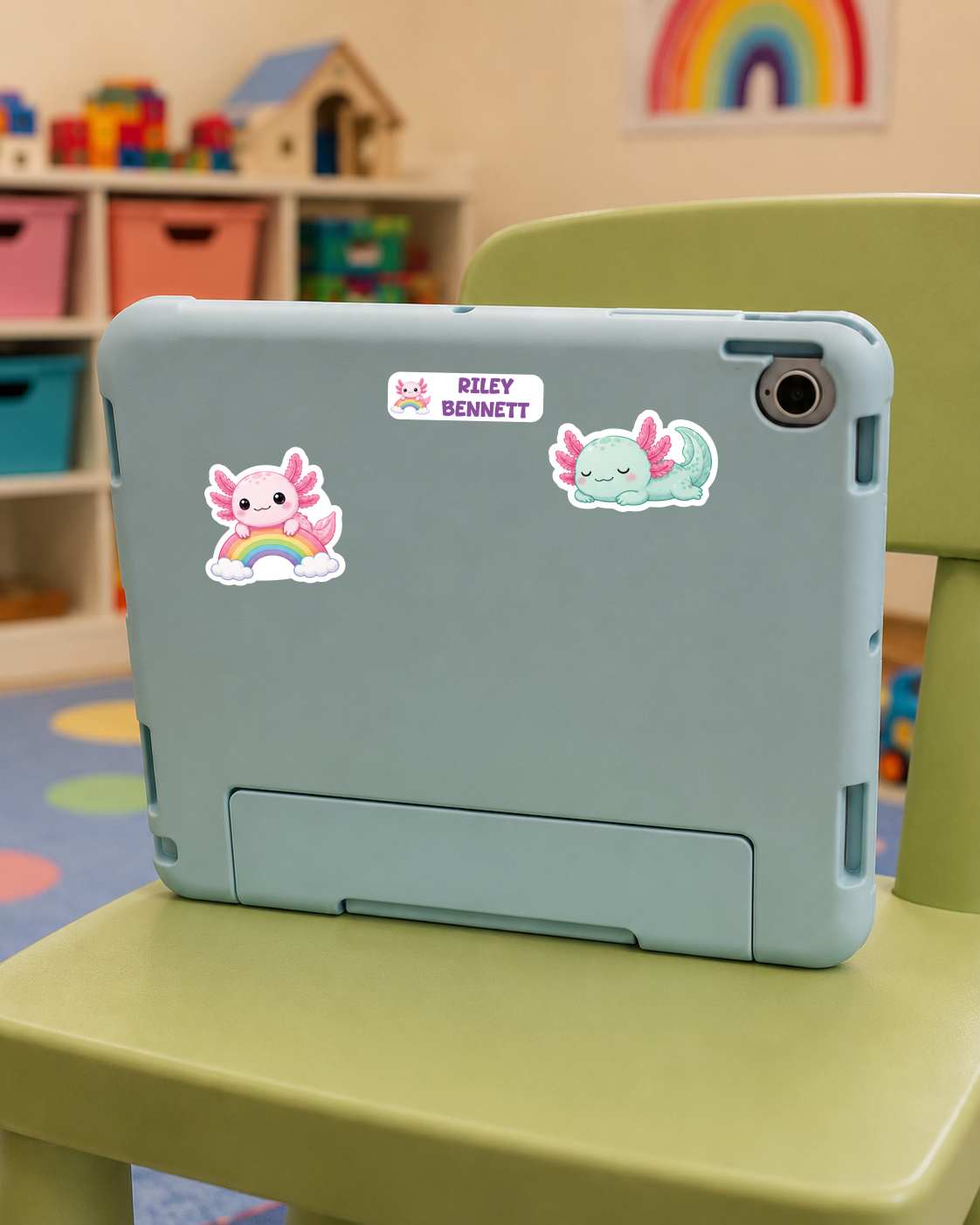 A light blue tablet case with two cute stickers (a pink axolotl and a sleeping mint axolotl) on the back, resting on a green chair in a child's room.