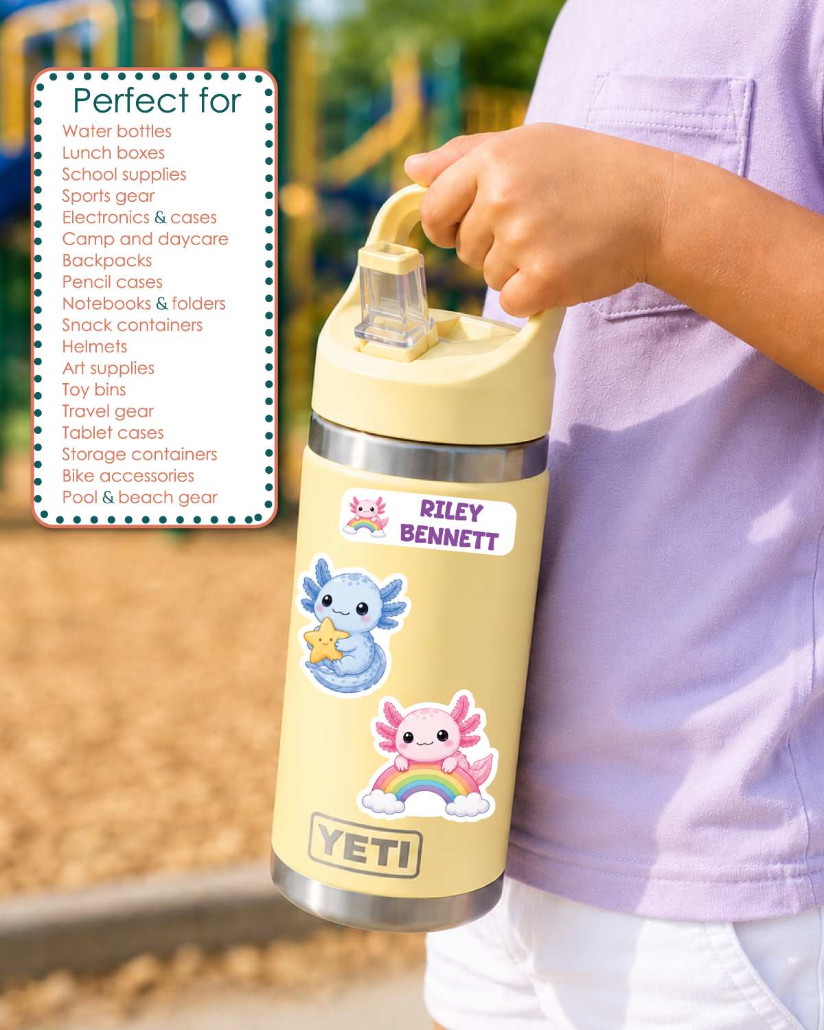 A person holding a pale yellow YETI water bottle with a straw lid. The bottle has colorful cartoon character stickers and a personalized name label reading 'RILEY BENNETT.