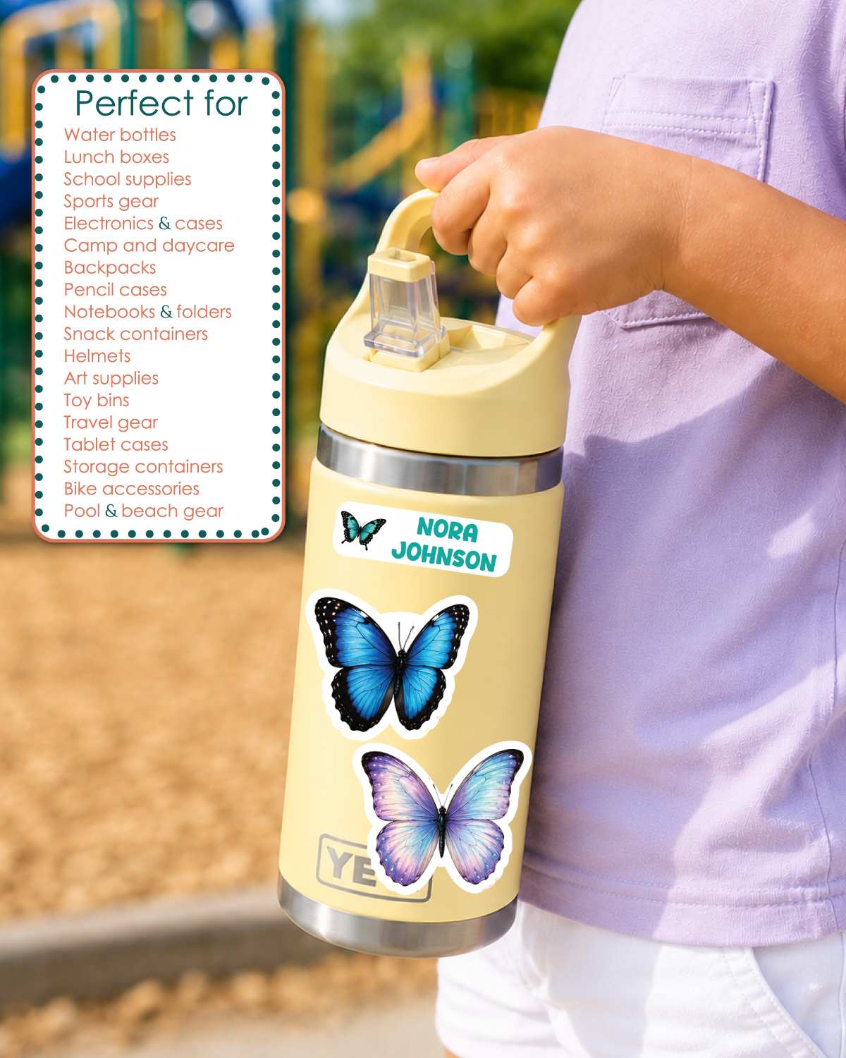 A person holding a beige insulated water bottle with butterfly decals and a custom name sticker. A white text box on the left lists compatible product types such as water bottles, lunch boxes, and sports gear.
