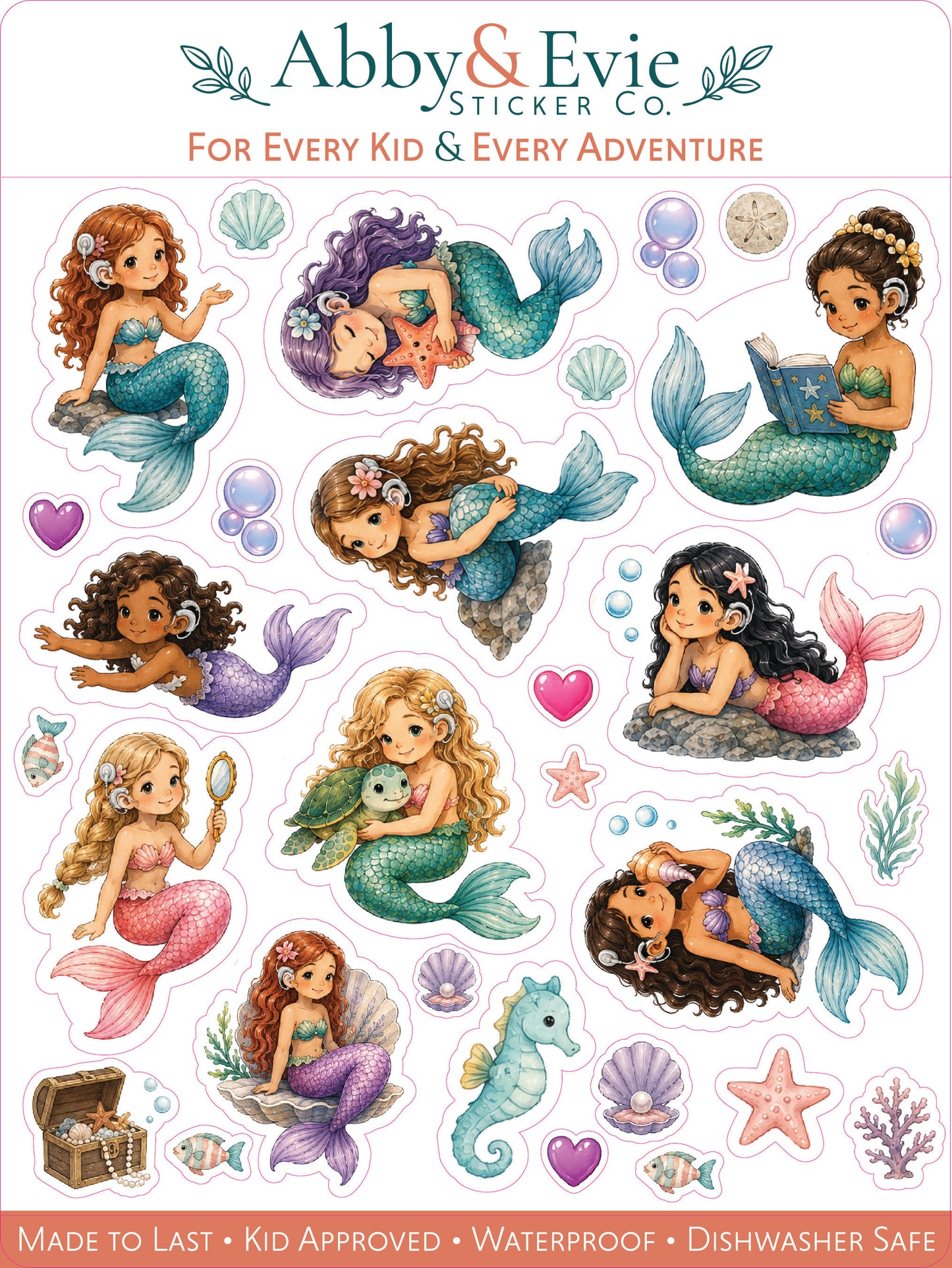 A sheet of watercolor mermaid stickers from Abby & Evie Sticker Co., featuring various illustrated mermaids in colorful sea-themed settings with seashells, bubbles, and starfish. The mermaids have cochlear implants.