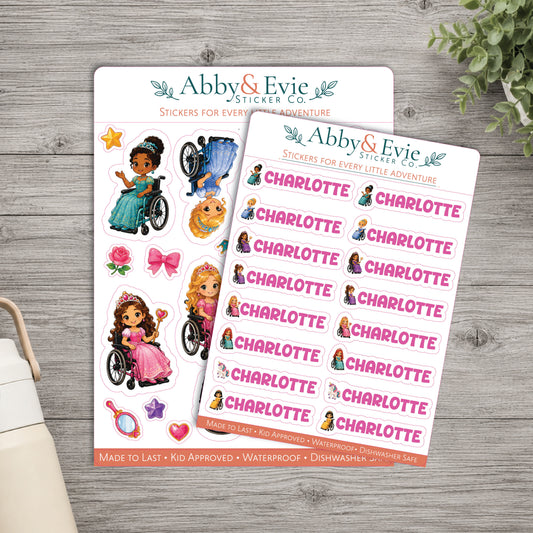Two sticker sheets from Abby & Evie Sticker Co. displayed on a gray wood surface.