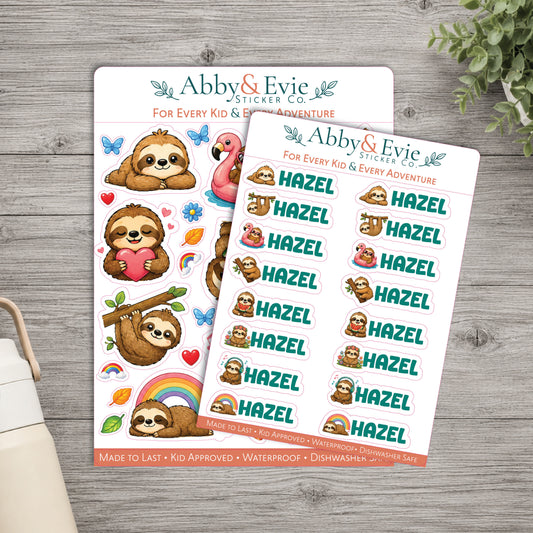 Two sticker sheets from Abby & Evie Sticker Co. featuring cute sloth illustrations and repeated 'Hazel' name stickers, arranged on a gray wood surface with a small plant and part of a bag visible at the edges.