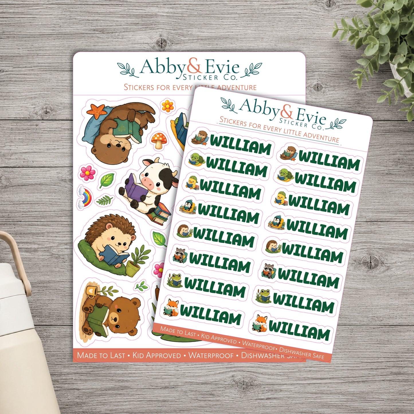 Personalized Reading Animal Name Labels for Kids, Waterproof School Stickers, Book Lover Sticker Sheet & Optional Iron-On Clothing Labels