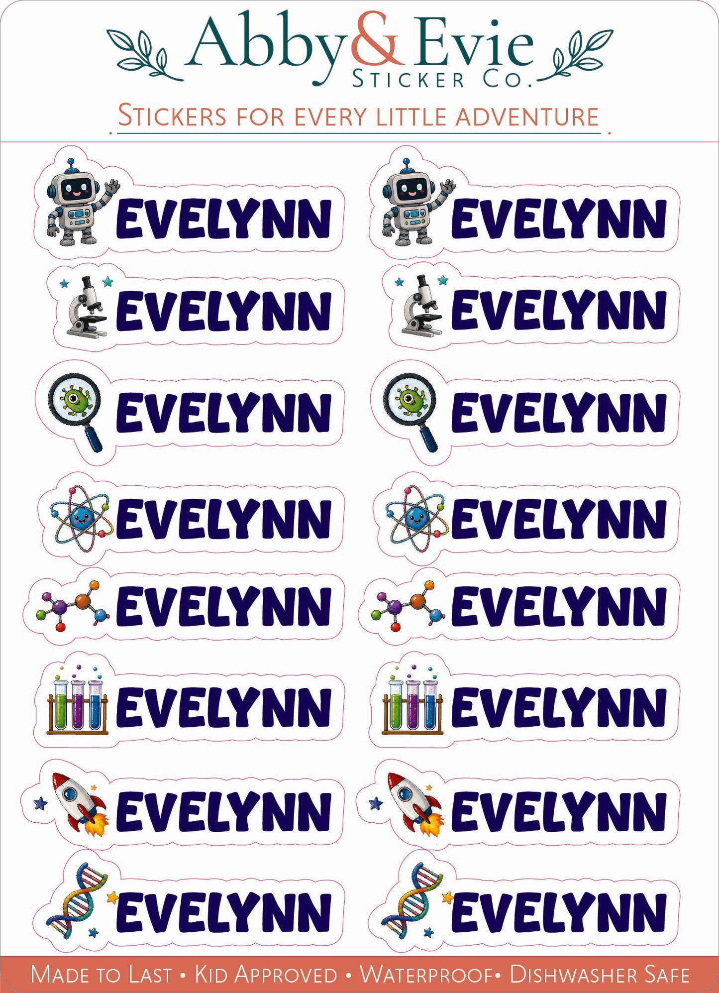 A sheet of 16 personalized science-themed stickers for 'Evelynn' from Abby & Evie Sticker Co., featuring various colorful icons like a robot, microscope, magnifying glass, atom, rocket, and DNA helix above the name 'EVELYNN' in bold blue letters.