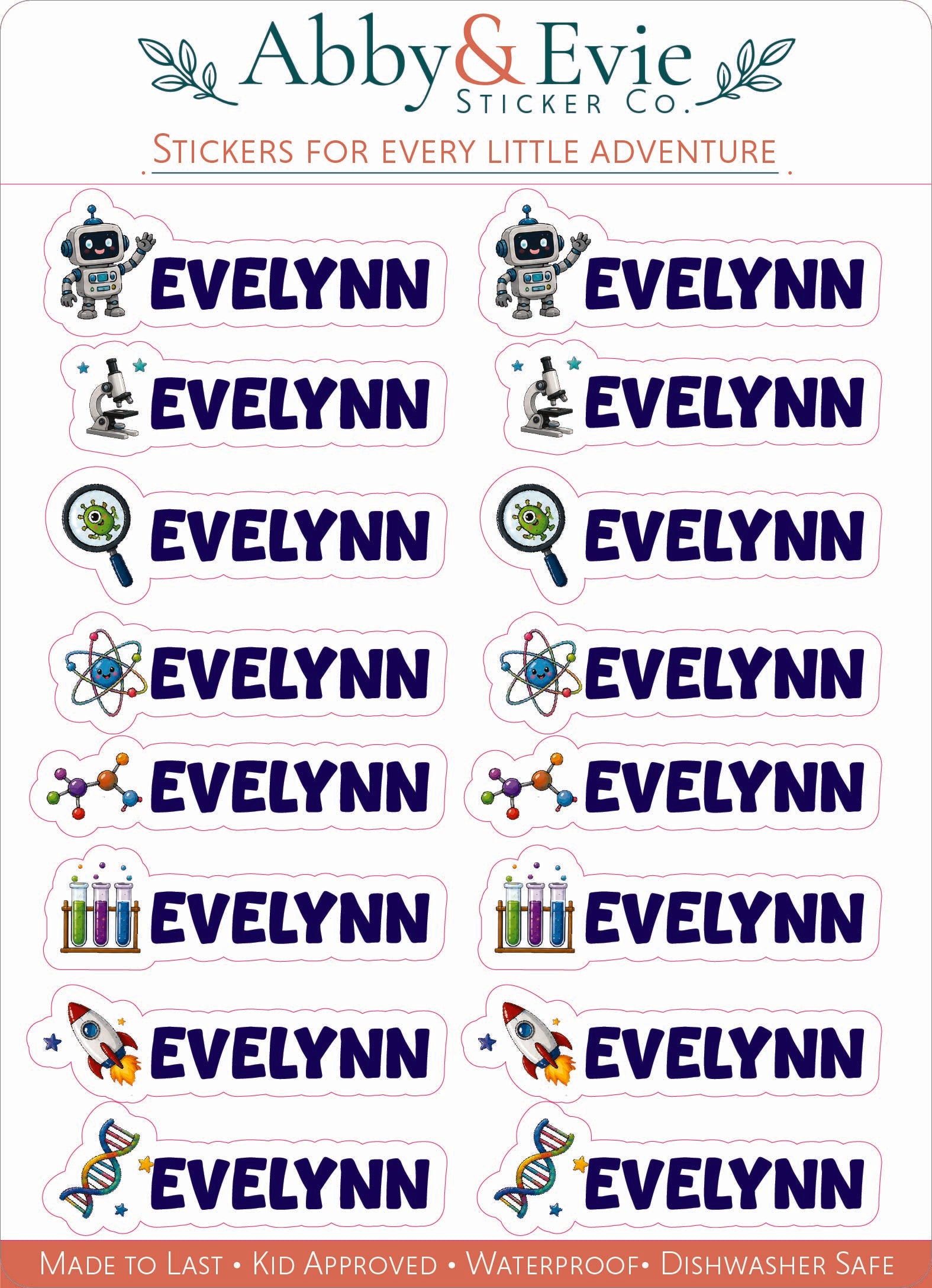 A sheet of 16 personalized science-themed stickers for 'Evelynn' from Abby & Evie Sticker Co., featuring various colorful icons like a robot, microscope, magnifying glass, atom, rocket, and DNA helix above the name 'EVELYNN' in bold blue letters.