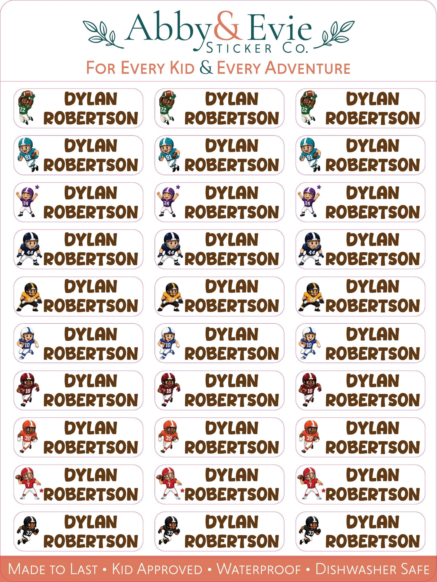 A sheet of Abby & Evie Sticker Co. name stickers featuring the name 'Dylan Robertson' repeated in brown text with small character illustrations above each name.
