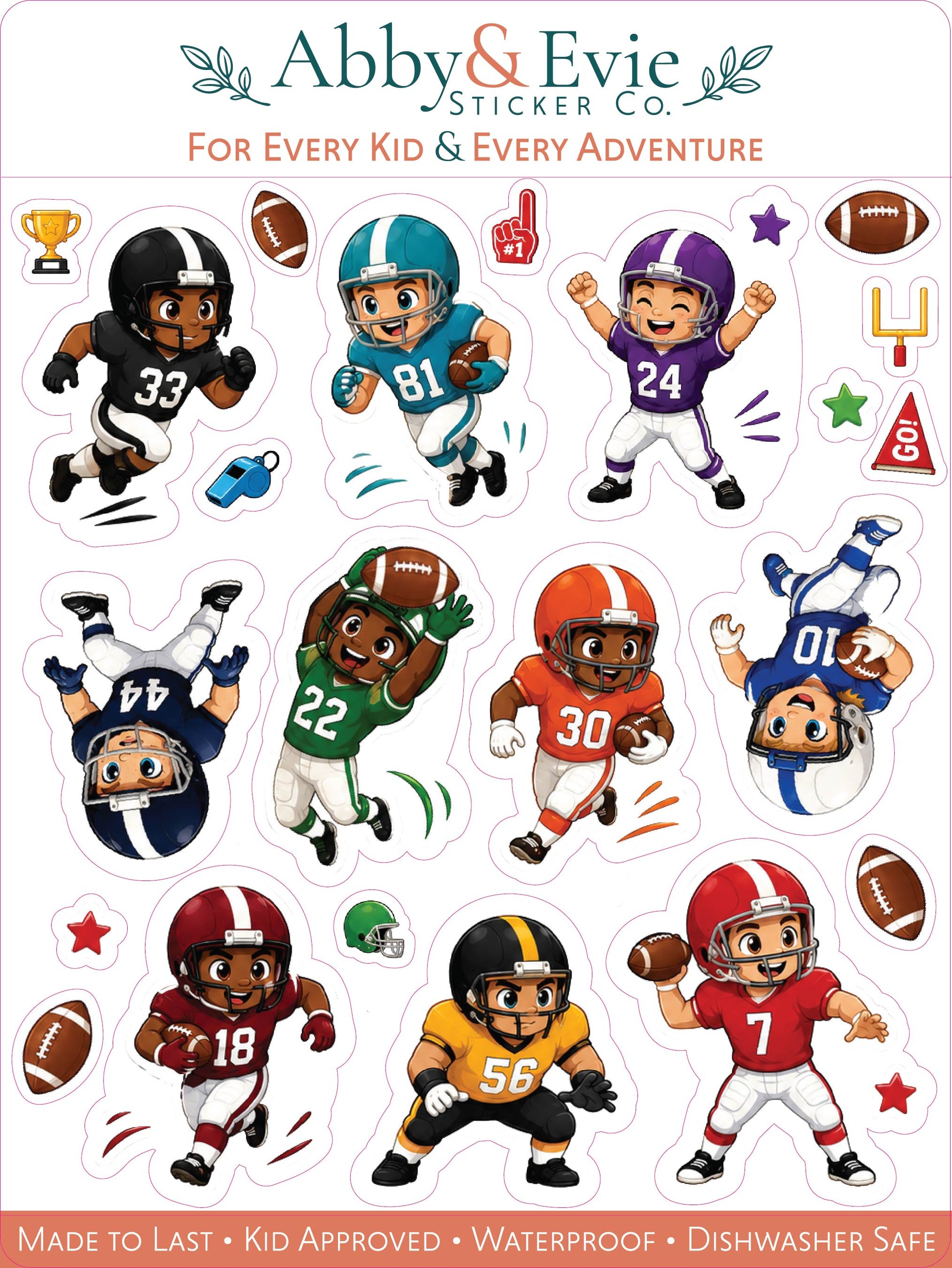 A sheet of Abby & Evie Sticker Co. football-themed stickers for kids, featuring multiple cartoon children wearing colorful football uniforms and accessories on a white background with the brand name at the top.
