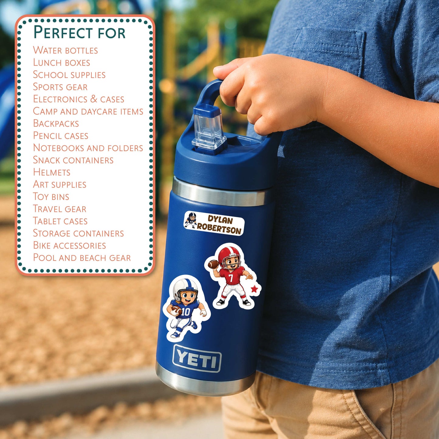 A person in a blue shirt holds a blue YETI water bottle with custom football player stickers. A white text box on the left lists compatible product types, and the background shows an outdoor blurred setting.
