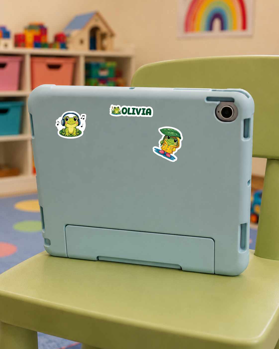 A light blue tablet case with two cartoon stickers ('Olivia' and a frog) on the back, resting on a green chair in a child's room.