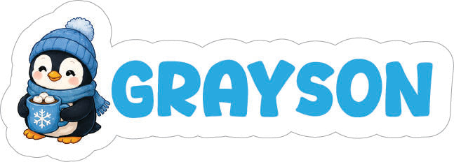 A custom die-cut sticker featuring a cute cartoon penguin wearing a blue knit hat and scarf, holding a mug with a snowflake, next to the name 'GRAYSON' in bold blue letters on a white background.