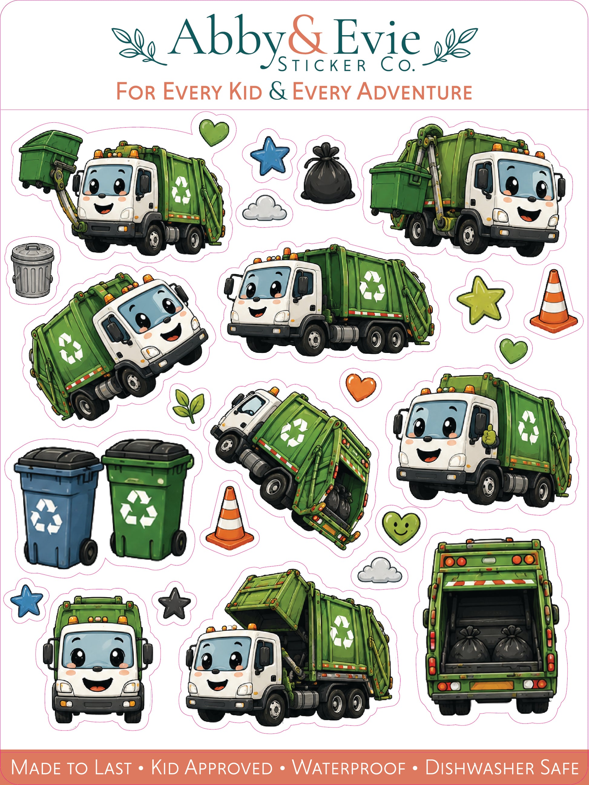 A sheet of cartoon garbage truck stickers from Abby & Evie Sticker Co. featuring multiple green and white smiling garbage trucks, recycling bins, trash bags, stars, hearts, and cones on a white background with product text at the top and bottom.