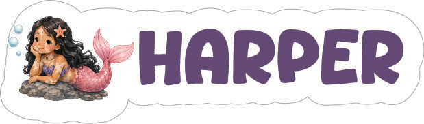 A personalized name sign featuring the name 'HARPER' in large purple bubble letters next to an illustration of a mermaid with vitligo with a pink tail and starfish on a rock, all on a white cloud-shaped background.