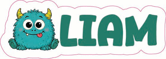 A personalized name sign featuring a cute blue monster with yellow horns next to the name 'LIAM' in large green letters, all set against a white cloud-shaped background with a pink border.