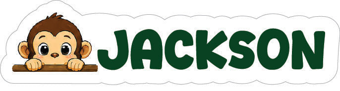 A personalized cartoon monkey sticker with the name 'JACKSON' in large green letters on a white background.