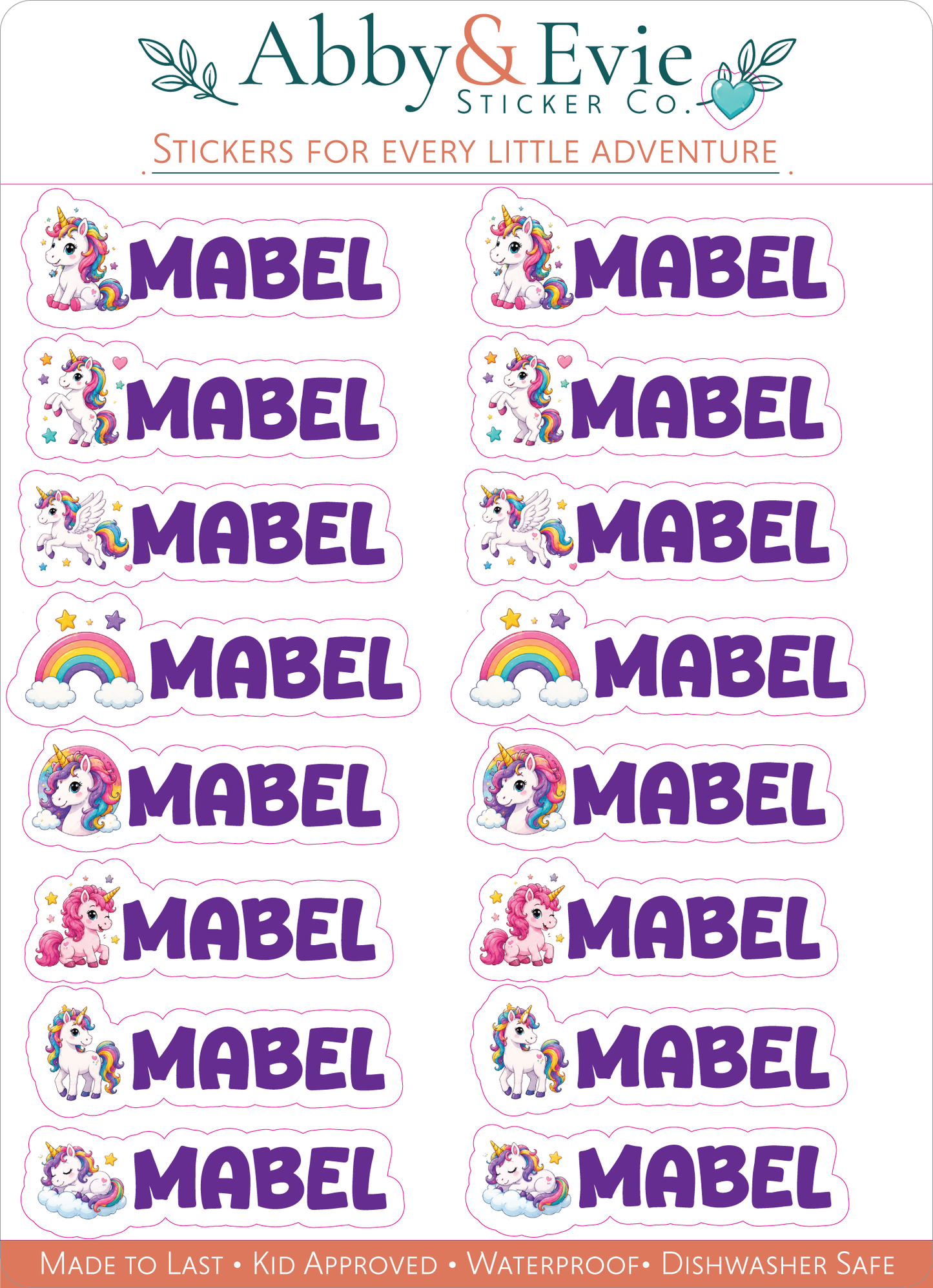 A sheet of Abby & Evie Sticker Co. stickers featuring the name 'MABEL' in purple text, accompanied by colorful unicorn and rainbow illustrations, shown on a white background.