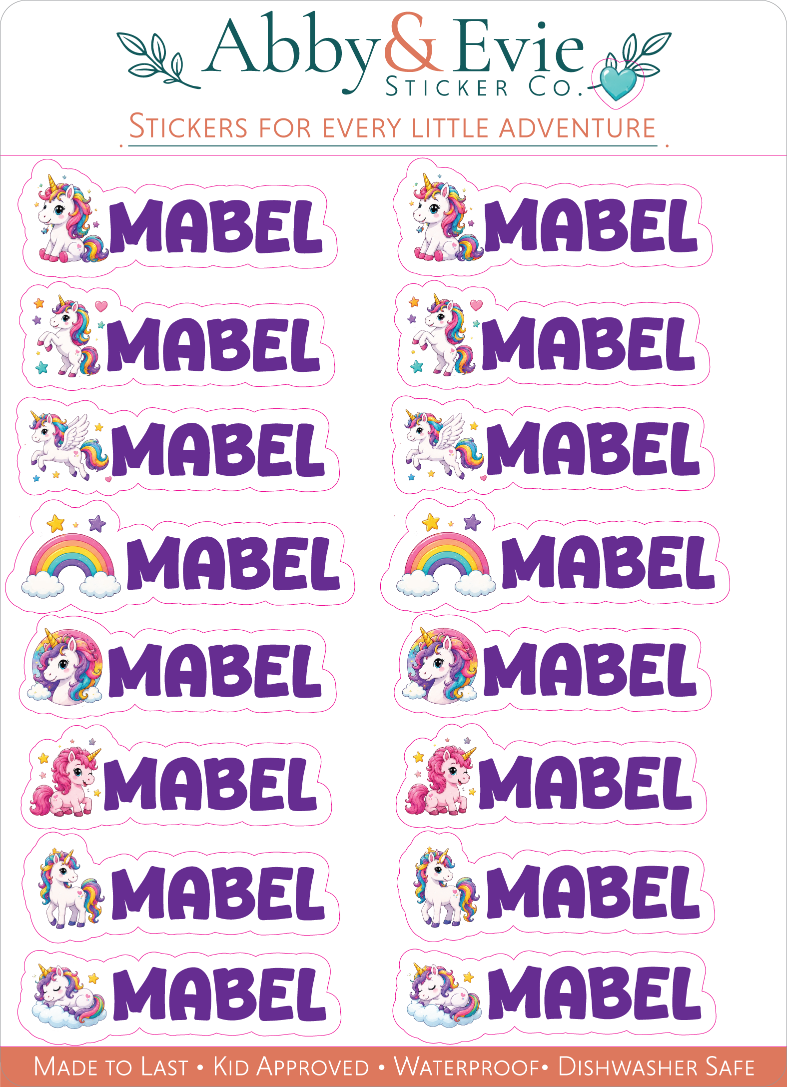 A sheet of Abby & Evie Sticker Co. stickers featuring the name 'MABEL' in purple text, accompanied by colorful unicorn and rainbow illustrations, shown on a white background.