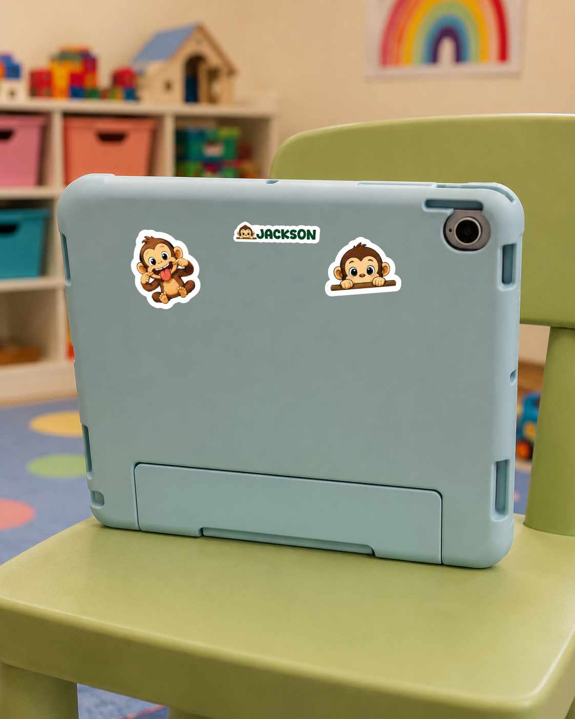 A light blue protective tablet case with two monkey stickers and a 'JACKSON' logo, shown on a green chair in a child's room.