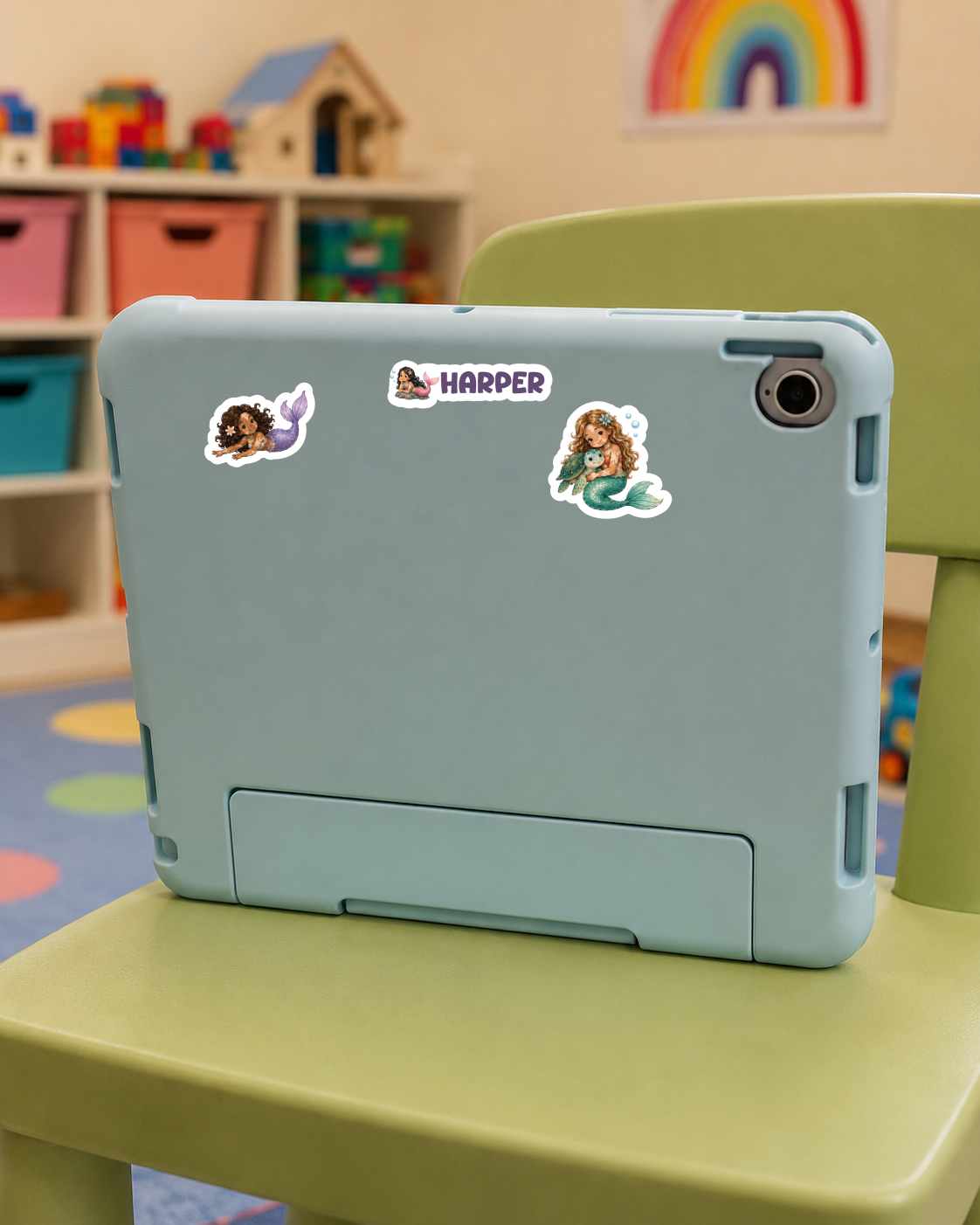 A light blue protective tablet case with three cartoon mermaid stickers, shown on a green chair in a child's playroom.