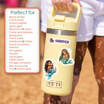A person holds a pale yellow YETI water bottle with vitiligo mermaid-themed stickers and a custom name label. A text panel on the left lists compatible items such as water bottles, lunch boxes, and electronics cases.