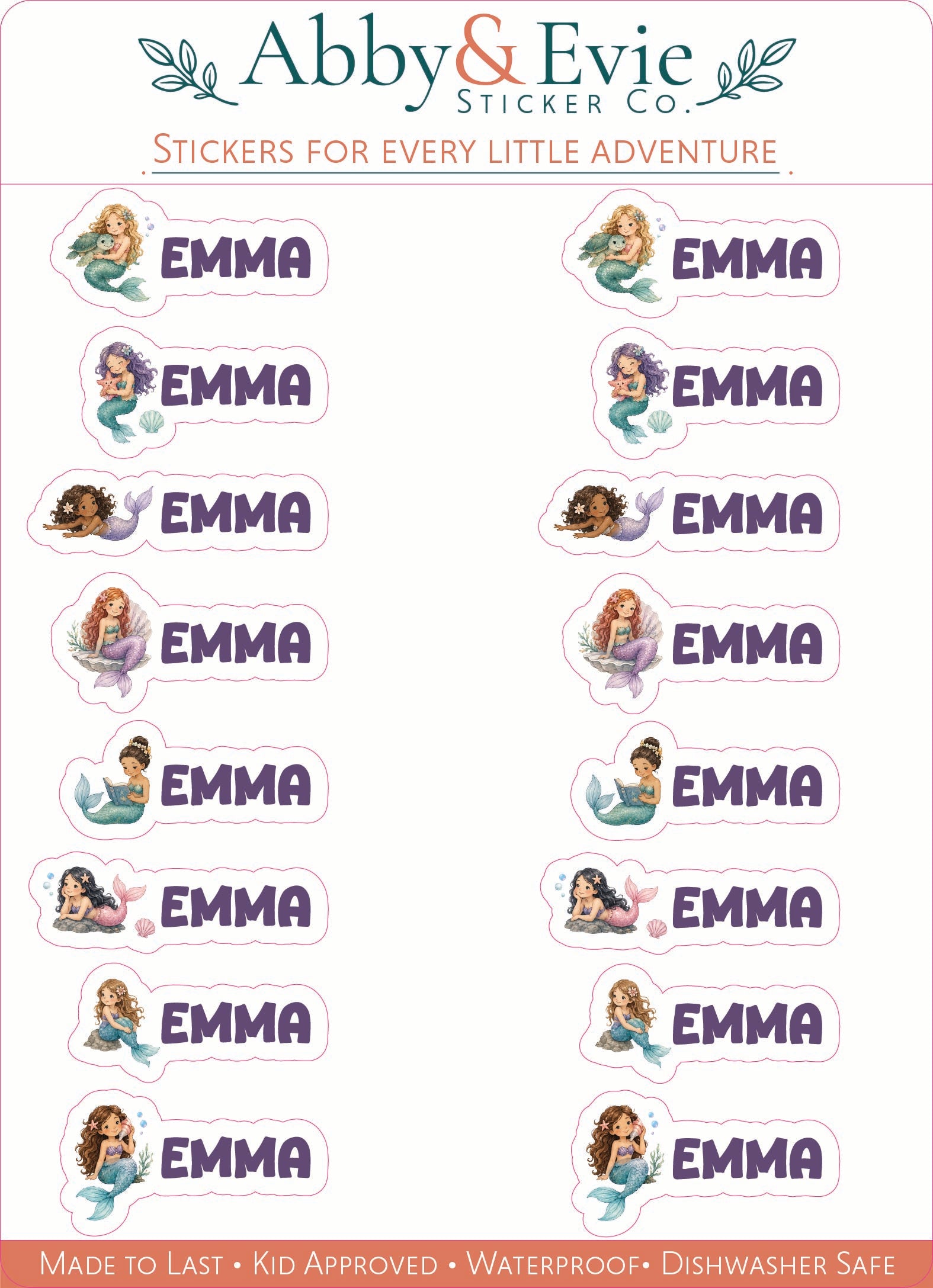A sheet of Abby & Evie Sticker Co. personalized mermaid-themed stickers featuring the name 'EMMA' in purple text inside white rounded labels, with various mermaid character illustrations above and below.