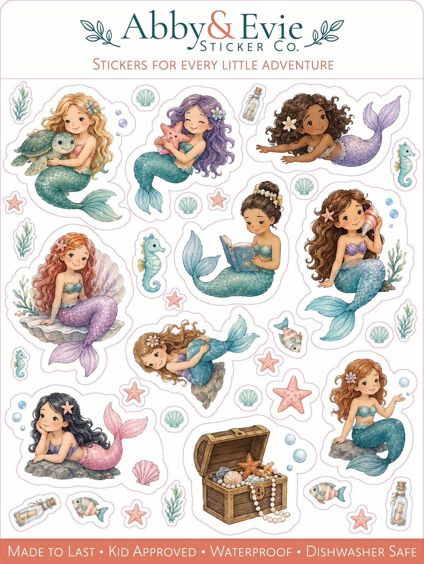 A sheet of watercolor-style mermaid stickers from Abby & Evie Sticker Co., featuring multiple illustrated mermaids in colorful tails, sea stars, bubbles, shells, a treasure chest, and small ocean-themed motifs on a white background.