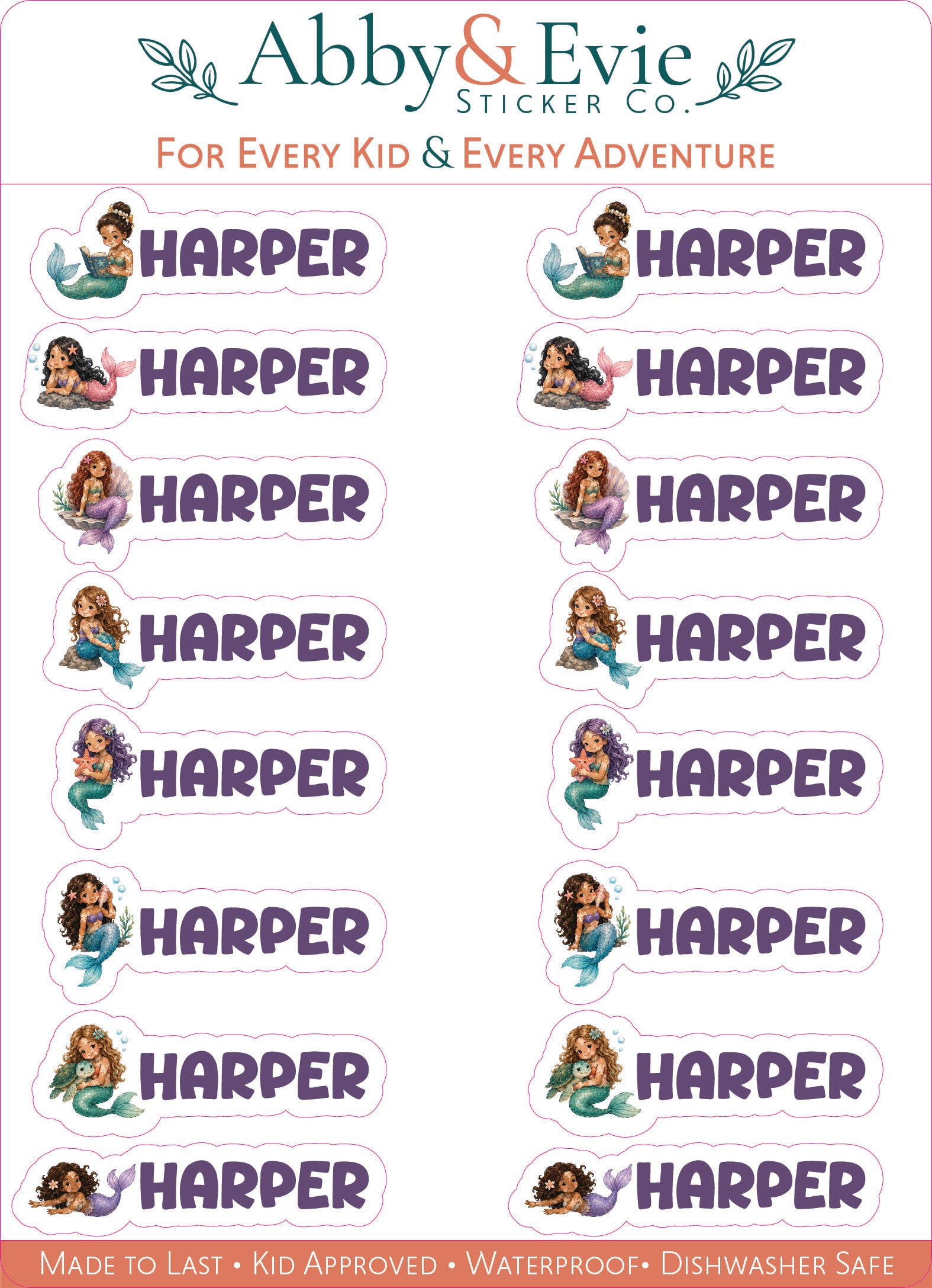 A sheet of Abby & Evie Sticker Co. name stickers for kids, featuring the name 'HARPER' repeated in purple letters with various cartoon mermaid illustrations on the left and right columns.