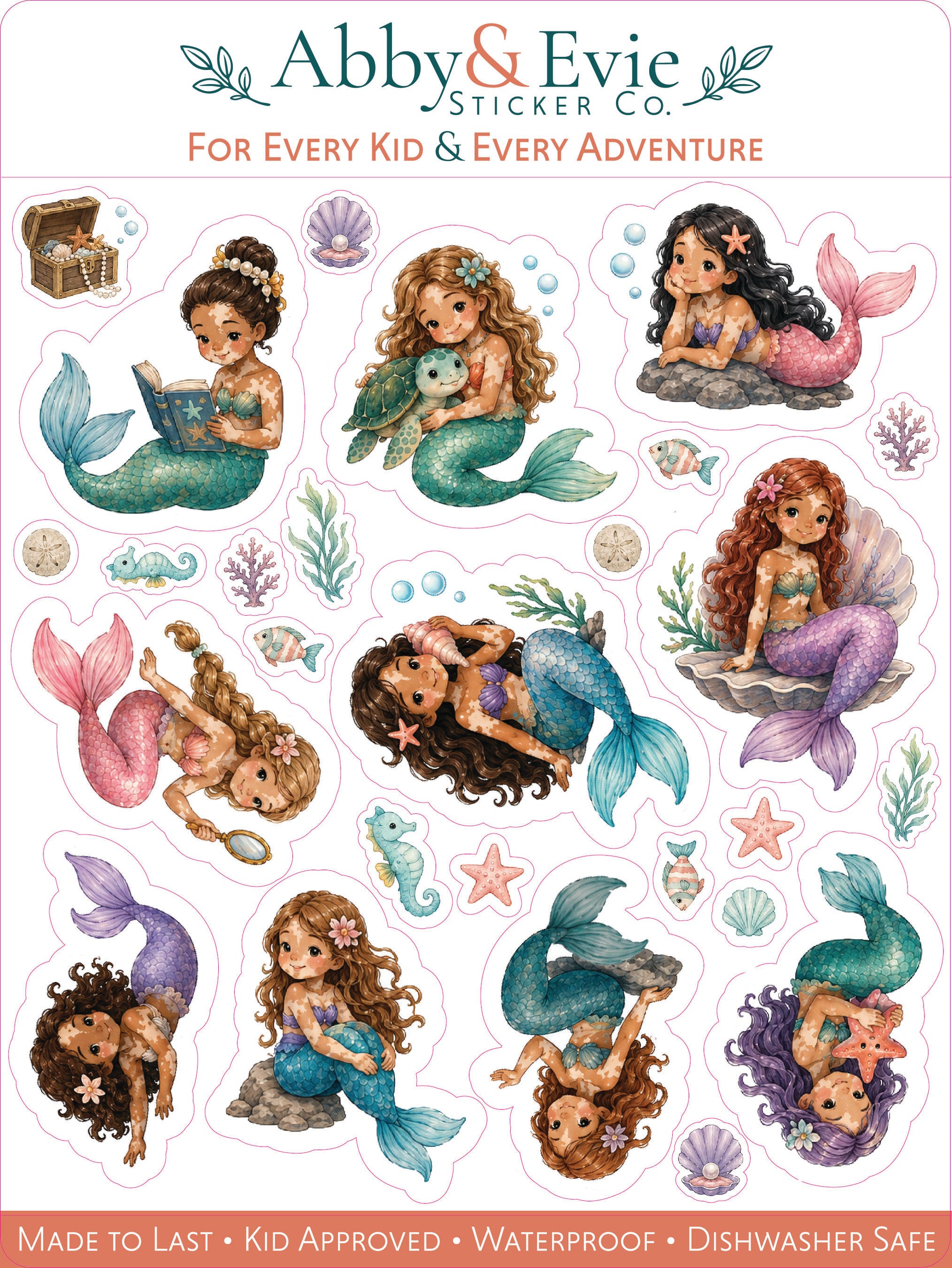 A sheet of Abby & Evie Sticker Co. mermaid stickers for kids, featuring multiple colorful cartoon mermaids with vitiligo in various underwater scenes with sea plants, shells, and stars.