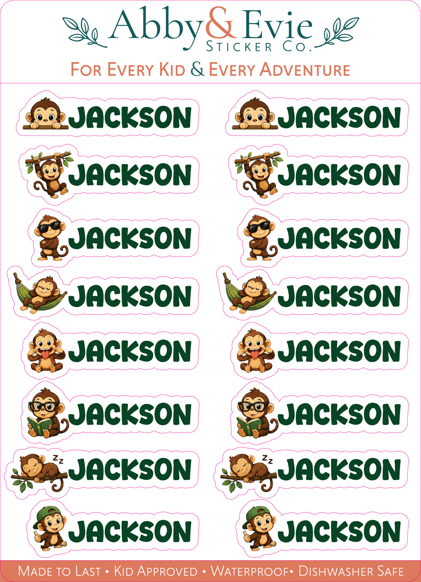A sheet of personalized stickers from Abby & Evie Sticker Co. featuring cartoon monkey illustrations and the name 'JACKSON' repeated in dark green text, with the top header reading 'For Every Kid & Every Adventure'.