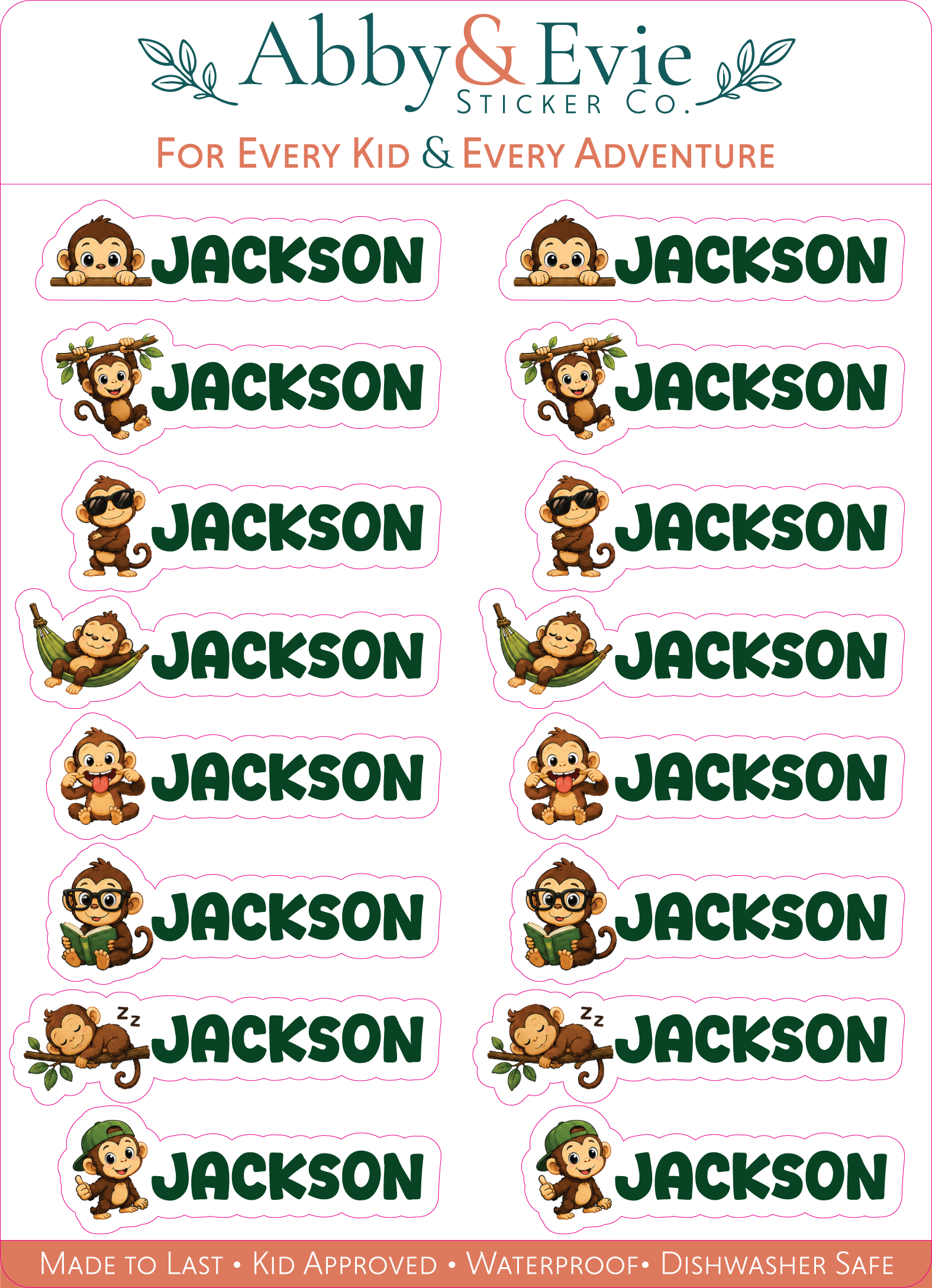 A sheet of personalized stickers from Abby & Evie Sticker Co. featuring cartoon monkey illustrations and the name 'JACKSON' repeated in dark green text, with the top header reading 'For Every Kid & Every Adventure'.