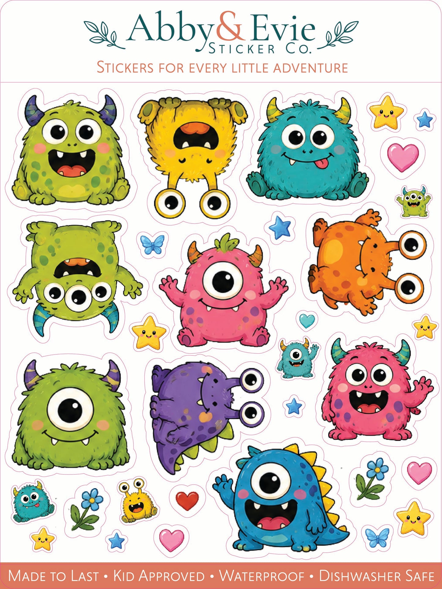 A sheet of Abby & Evie Sticker Co. monster stickers featuring various colorful cartoon monsters in green, blue, pink, purple, and orange, along with small stars, hearts, and flowers on a white background.