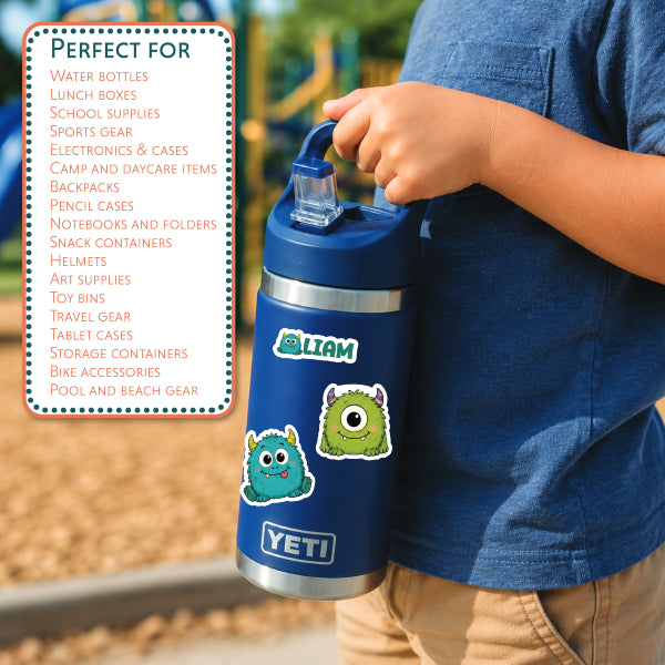 A person outdoors holding a blue YETI water bottle with cartoon monster stickers. A white text box on the left lists product uses such as water bottles, lunch boxes, and school supplies.