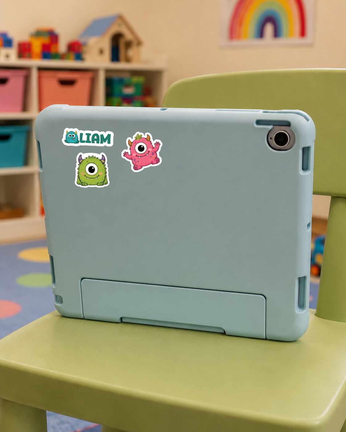 A light blue protective tablet case with two stickers (a green monster and a pink monster) on the back, resting on a green chair in a child's playroom.