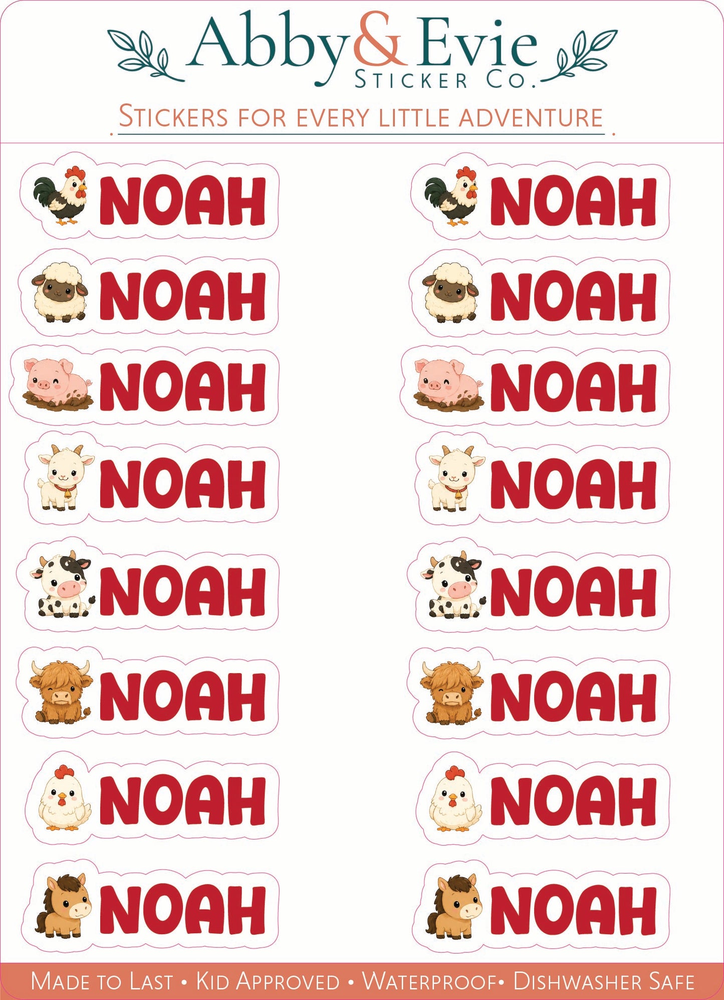 A sheet of Avery & Evie sticker labels featuring the name 'NOAH' repeated in large red letters, with small cartoon animal illustrations above each name. The sheet includes branding at the top reading 'Avery & Evie Sticker Co.