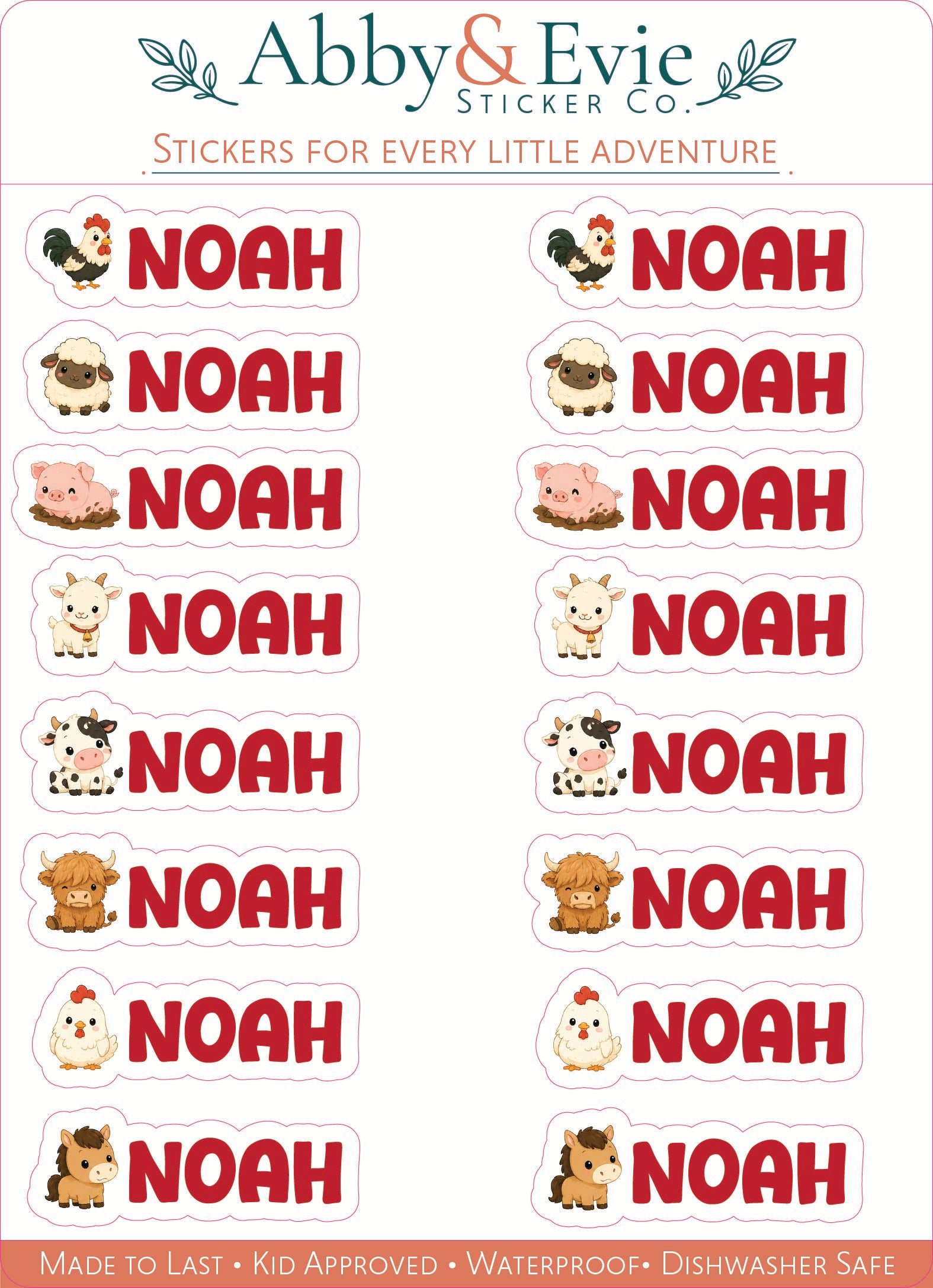 A sheet of Avery & Evie sticker labels featuring the name 'NOAH' repeated in large red letters, with small cartoon animal illustrations above each name. The sheet includes branding at the top reading 'Avery & Evie Sticker Co.