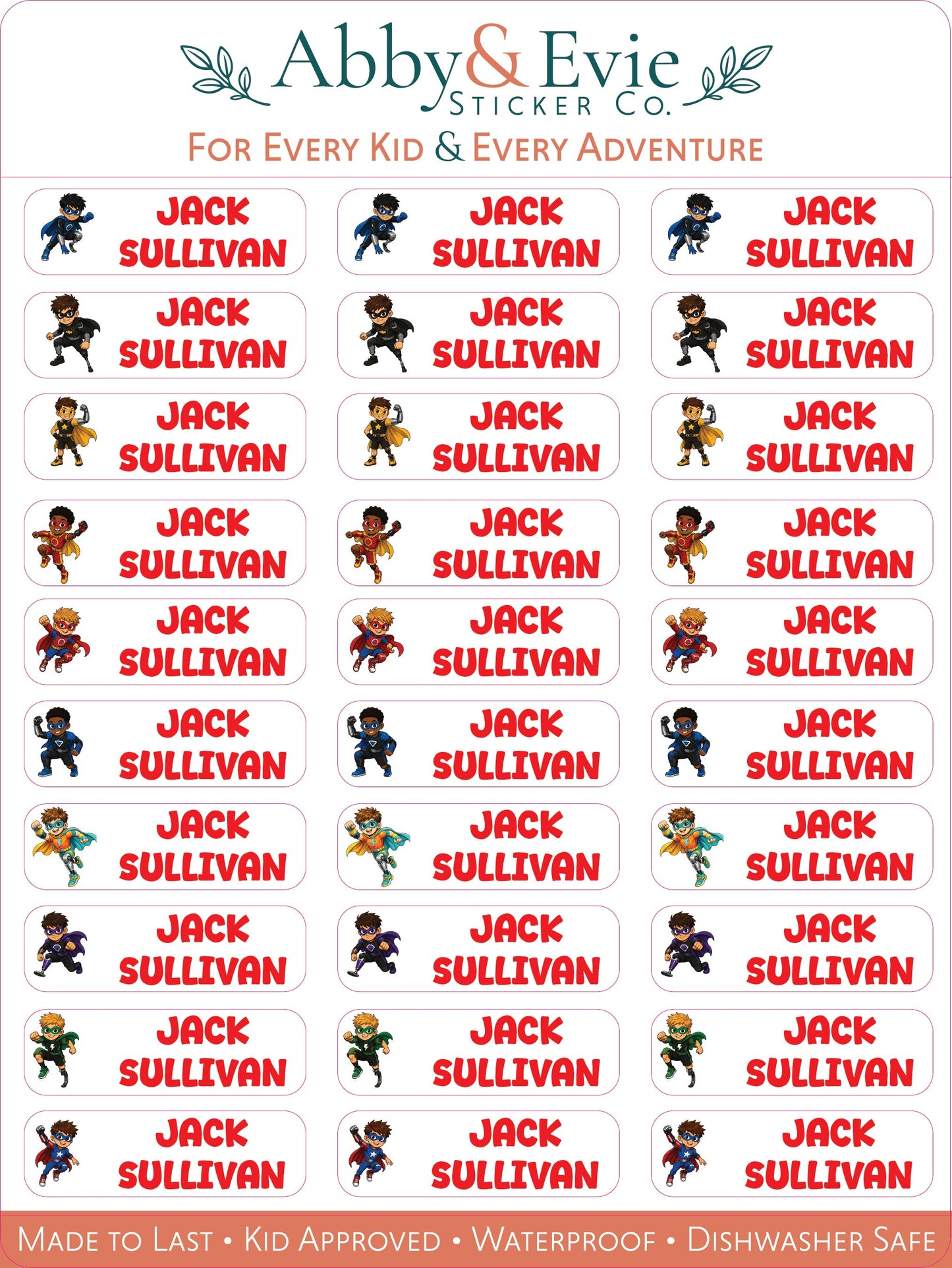 A sheet of custom superhero-themed name stickers from Abby & Evie Sticker Co., featuring the name 'Jack Sullivan' in red text next to various colorful cartoon superhero illustrations, on a white background with branding at the top and feature badges at the bottom.
