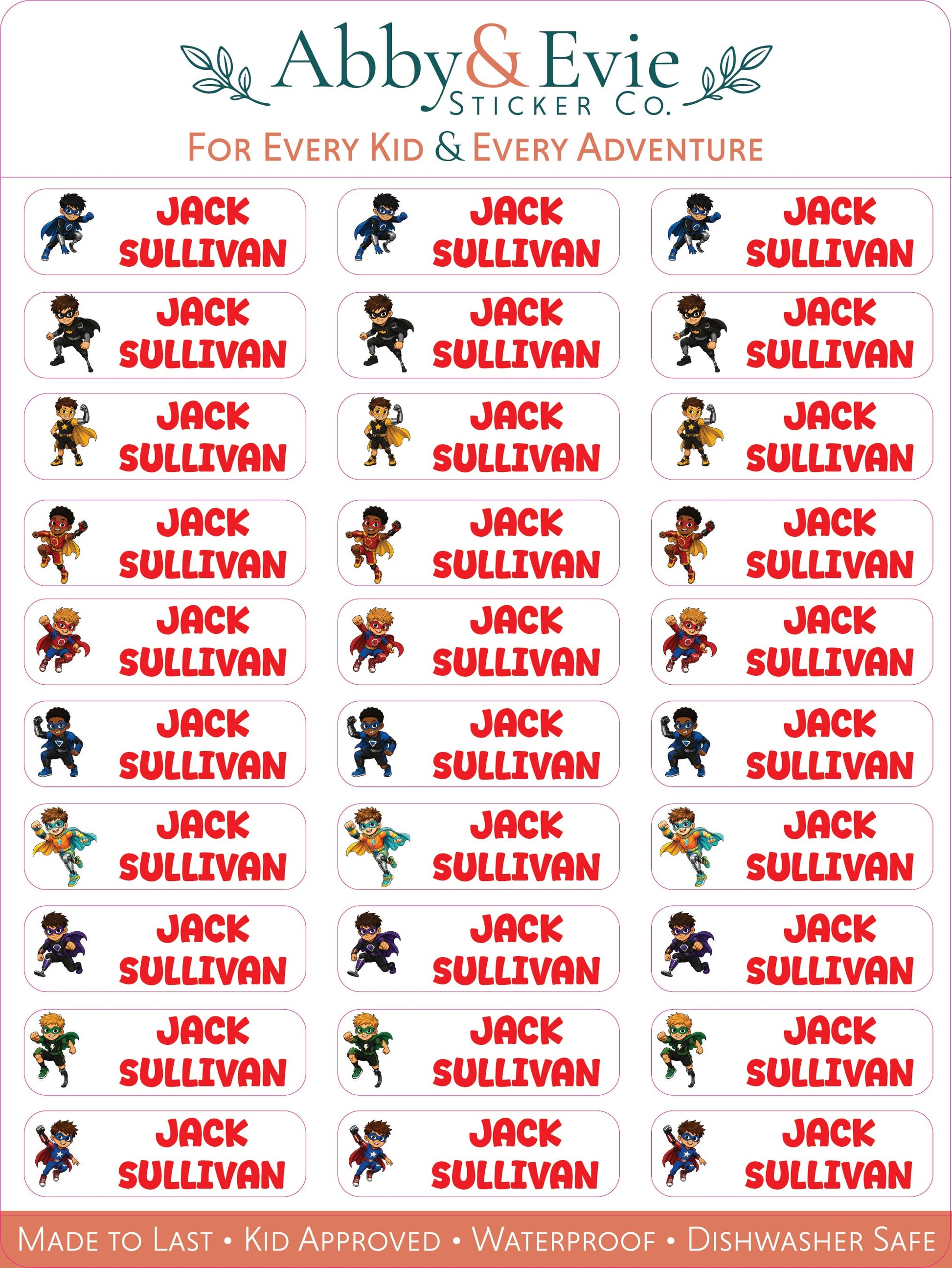 A sheet of custom superhero-themed name stickers from Abby & Evie Sticker Co., featuring the name 'Jack Sullivan' in red text next to various colorful cartoon superhero illustrations, on a white background with branding at the top and feature badges at the bottom.
