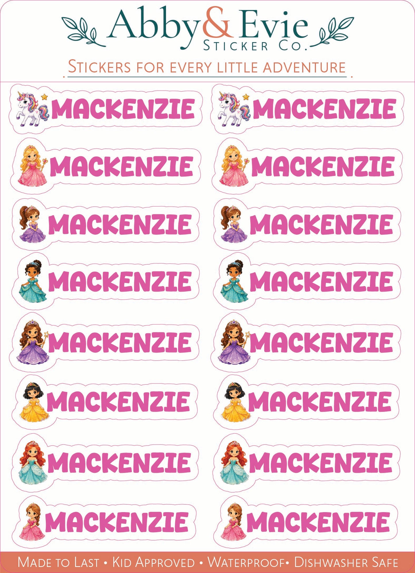 A sheet of Abby & Evie Sticker Co. name stickers featuring the name 'MACKENZIE' in bold pink letters, accompanied by various cartoon princess illustrations, on a white background.