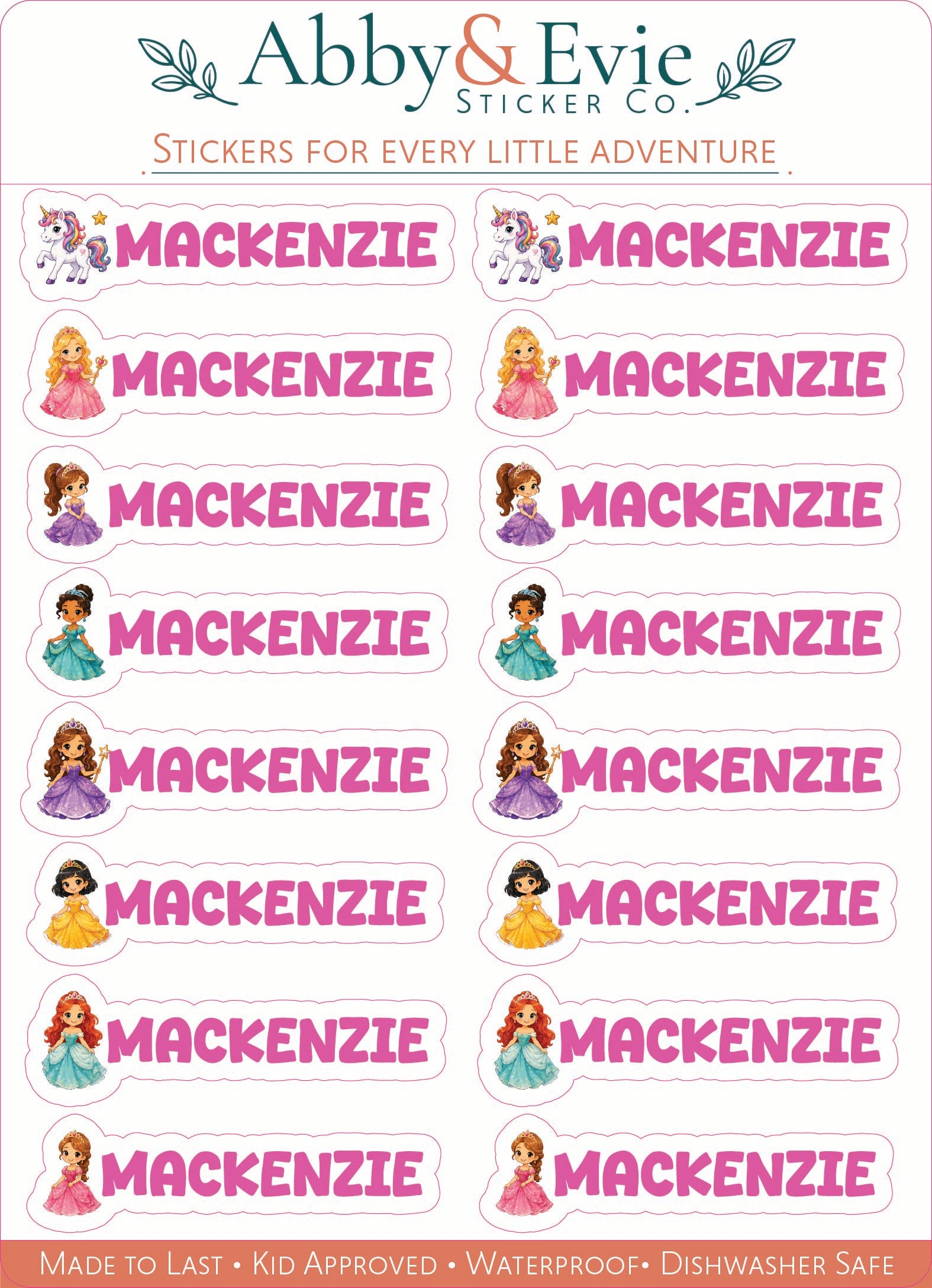 A sheet of Abby & Evie Sticker Co. name stickers featuring the name 'MACKENZIE' in bold pink letters, accompanied by various cartoon princess illustrations, on a white background.