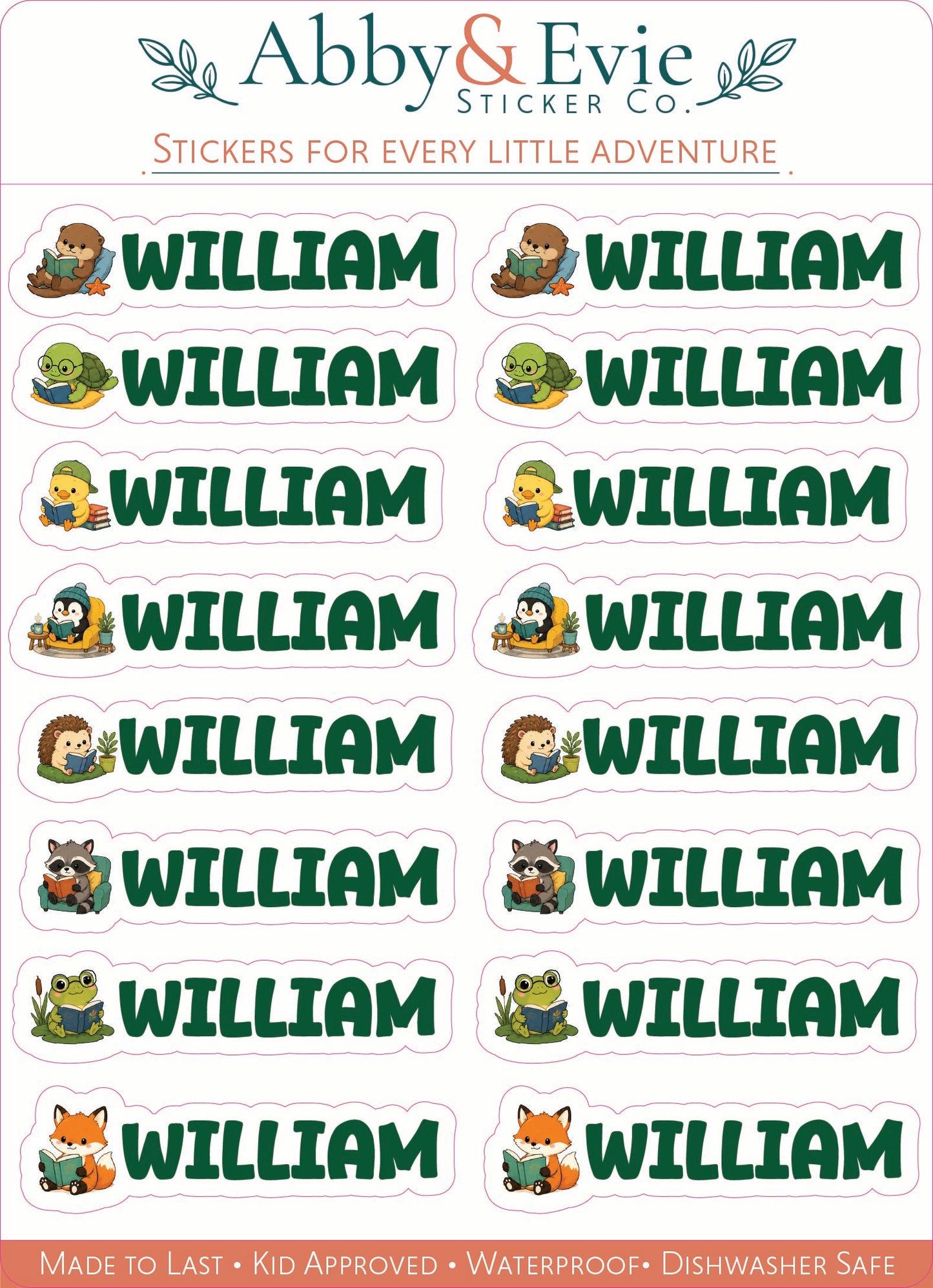 Personalized Reading Animal Name Labels for Kids, Waterproof School Stickers, Book Lover Sticker Sheet & Optional Iron-On Clothing Labels
