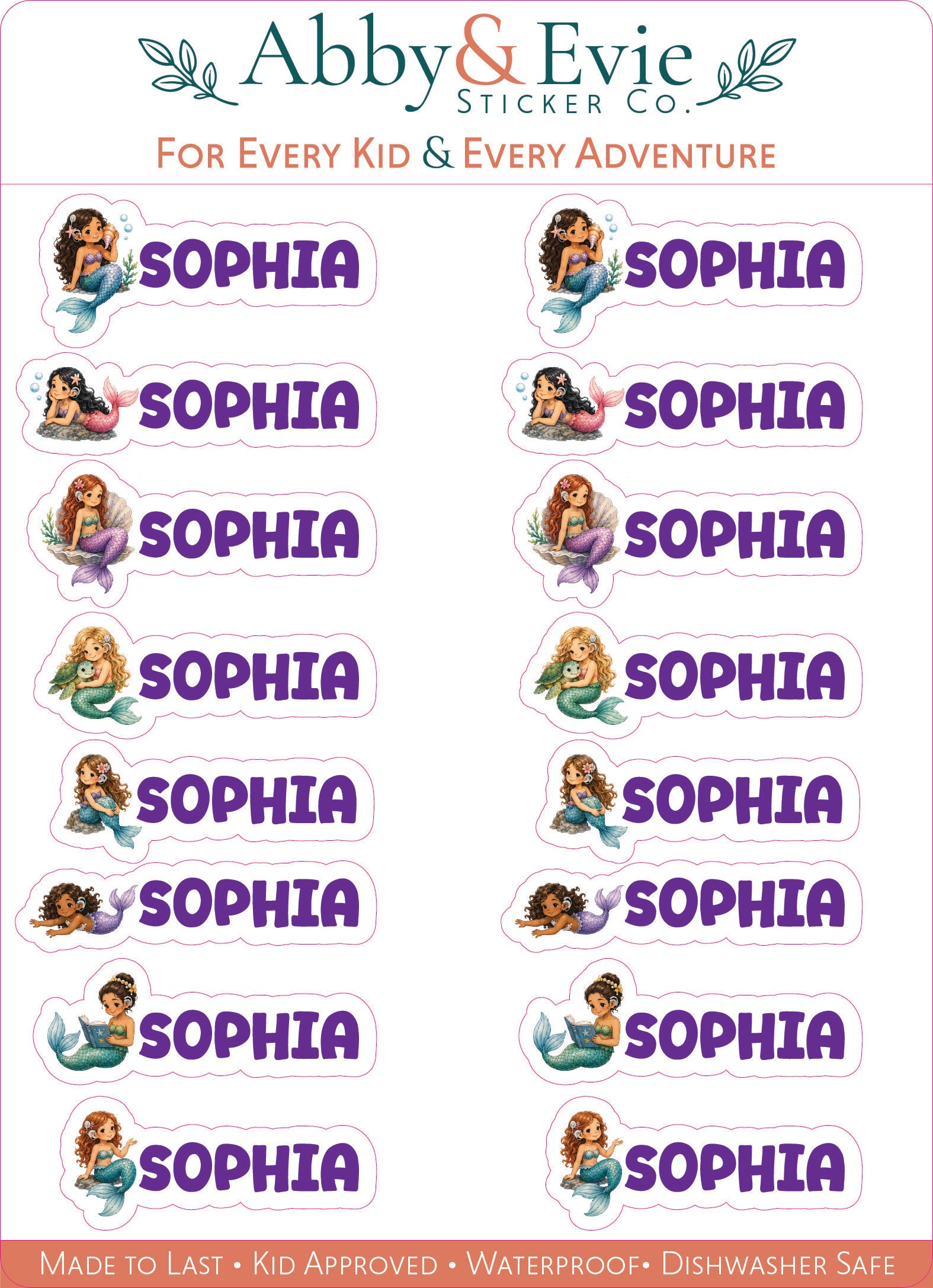 A sheet of Abby & Evie Sticker Co. custom mermaid-themed labels for kids, featuring the name 'SOPHIA' in bold purple text next to various colorful illustrations of mermaids, set against a white background with decorative headers and footer text. The mermaids have cochlear implants.